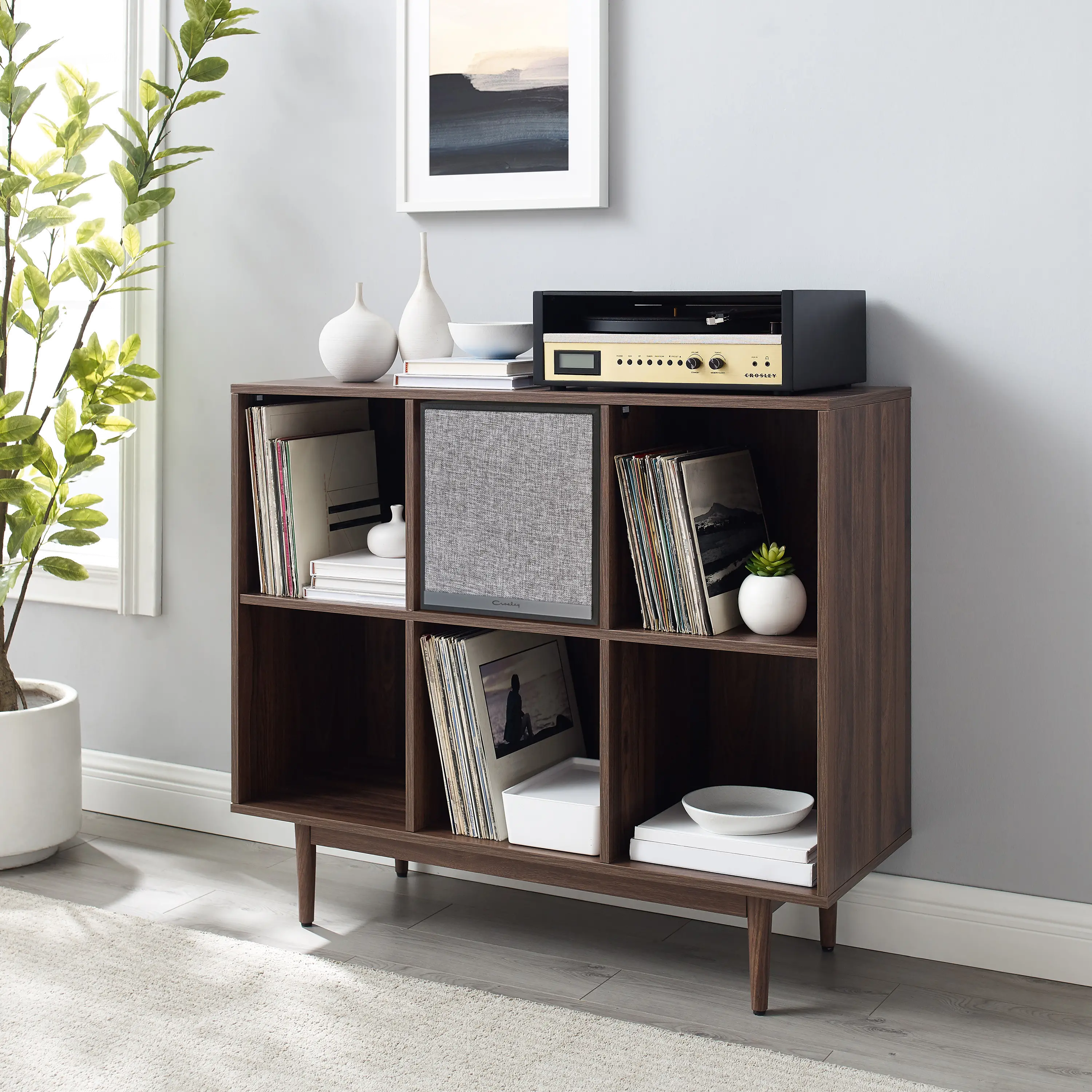 KF13120WA-BK Liam Walnut 6 Cube Record Storage Bookcase with Speaker-3