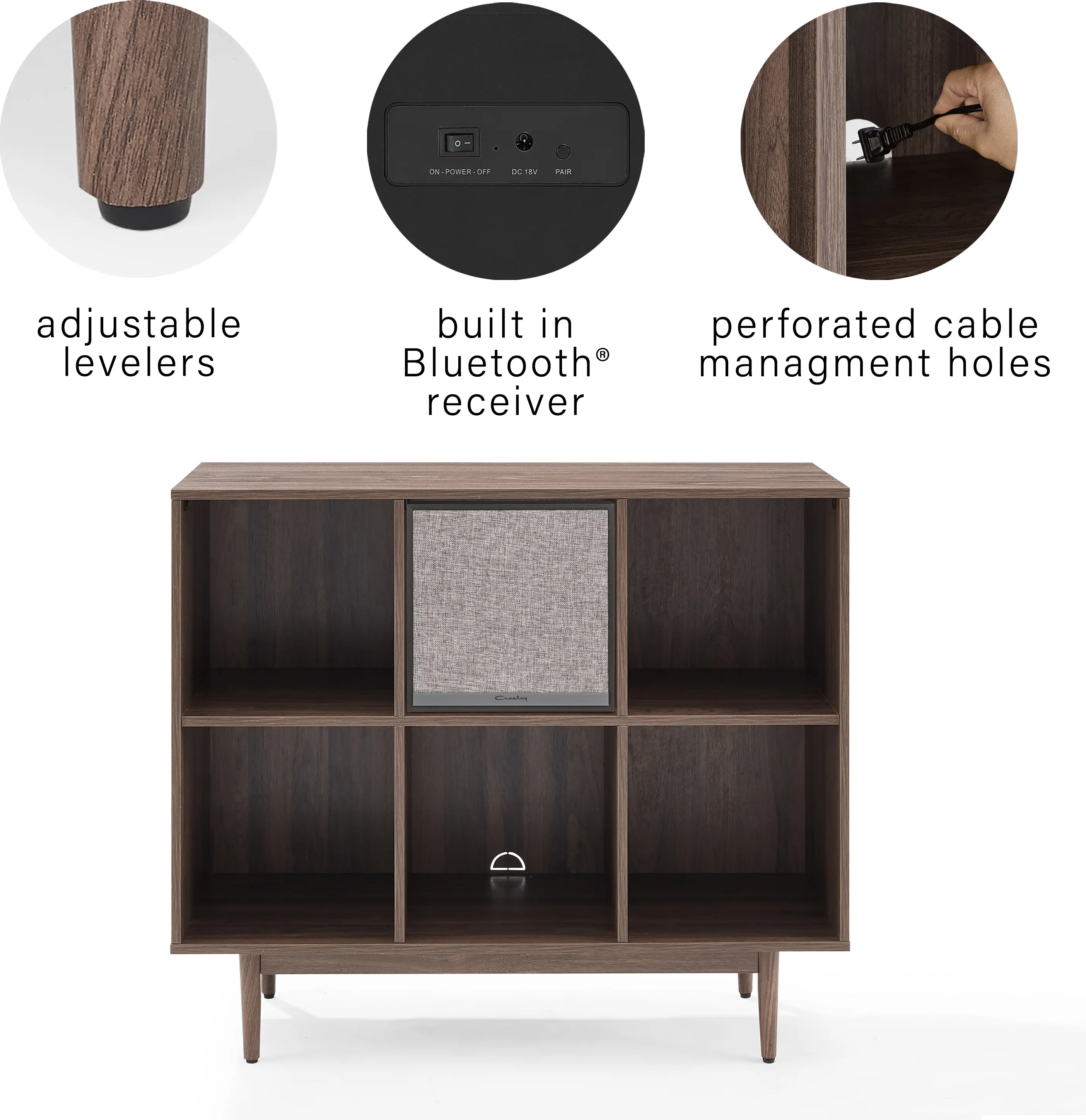 KF13120WA-BK Liam Walnut 6 Cube Record Storage Bookcase with Speaker-1