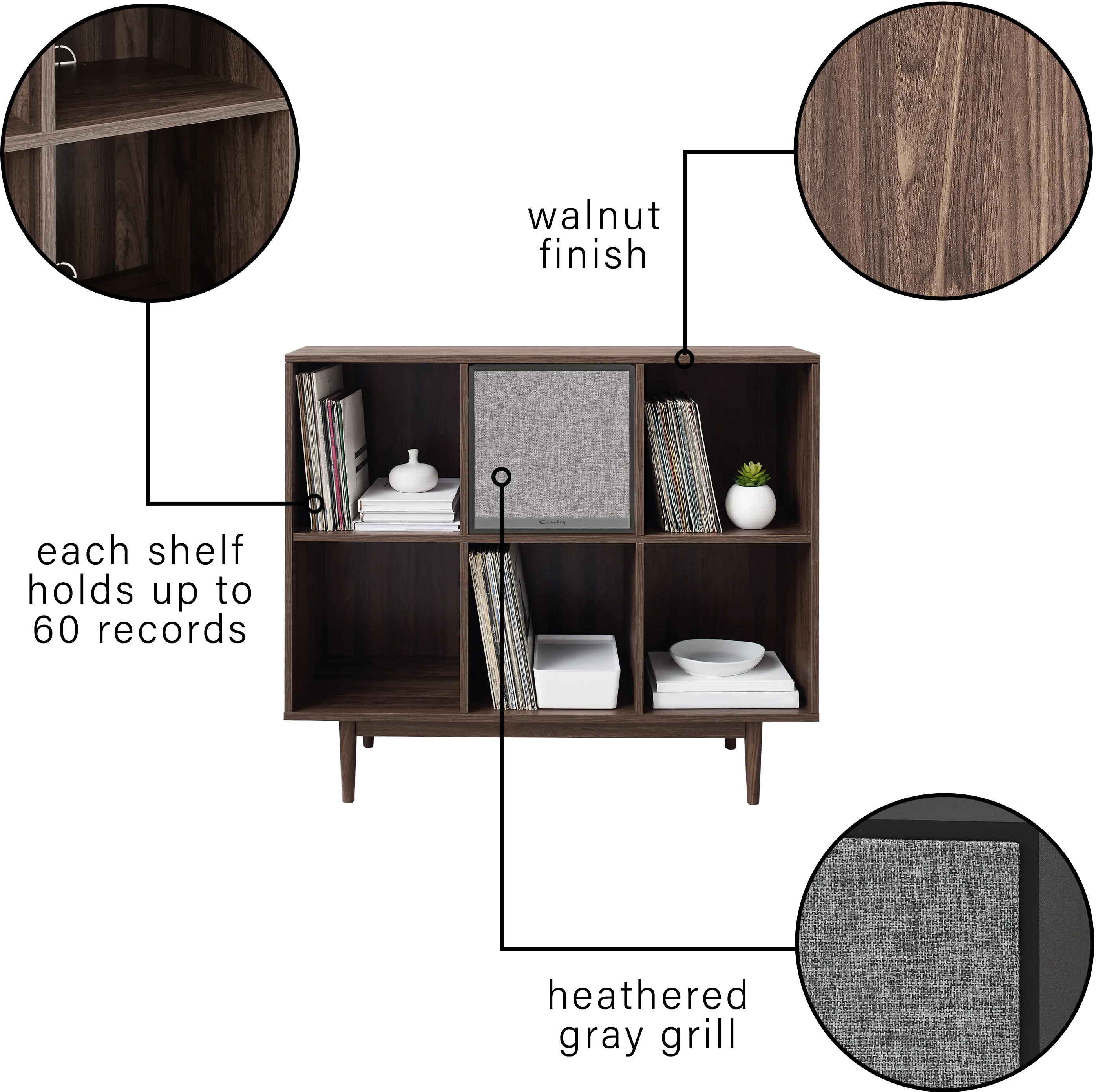 KF13120WA-BK Liam Walnut 6 Cube Record Storage Bookcase with Speaker-6