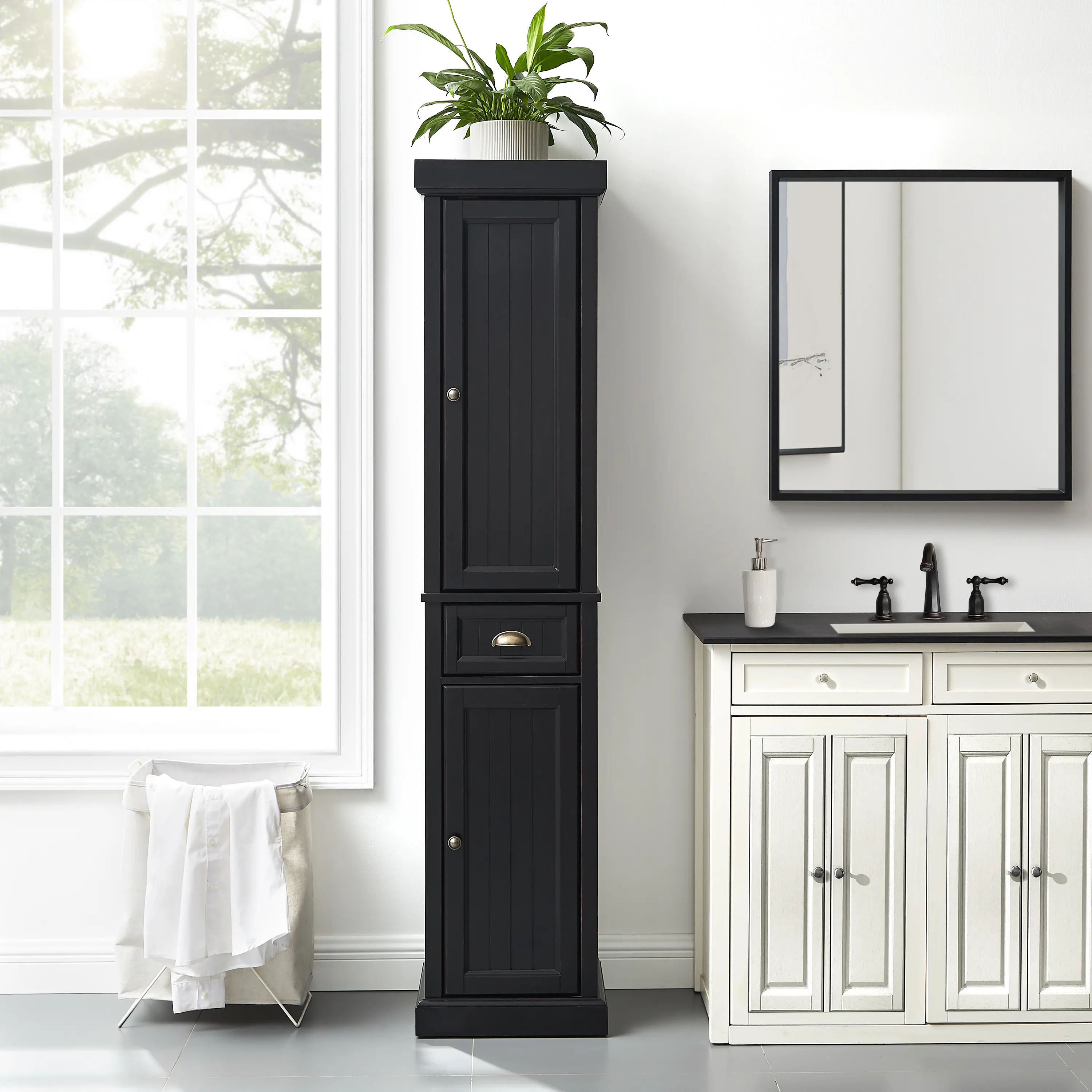 CF7019-BK Seaside Distressed Black Tall Linen Cabinet-2