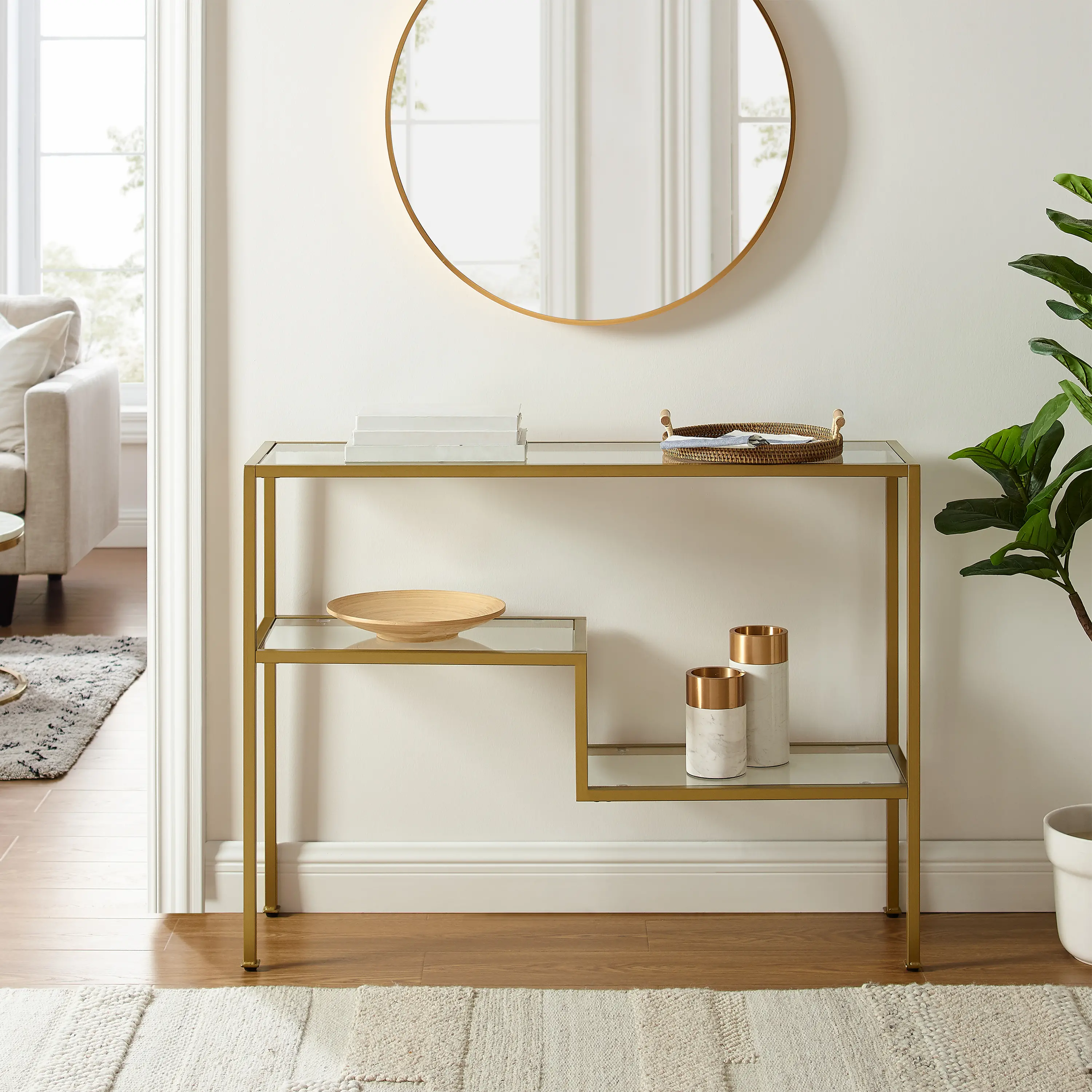 Cortesi Home Forli Small Console Table - 28"W X 10"D X 31"H, Stainless Steel & Tempered Glass, Silver