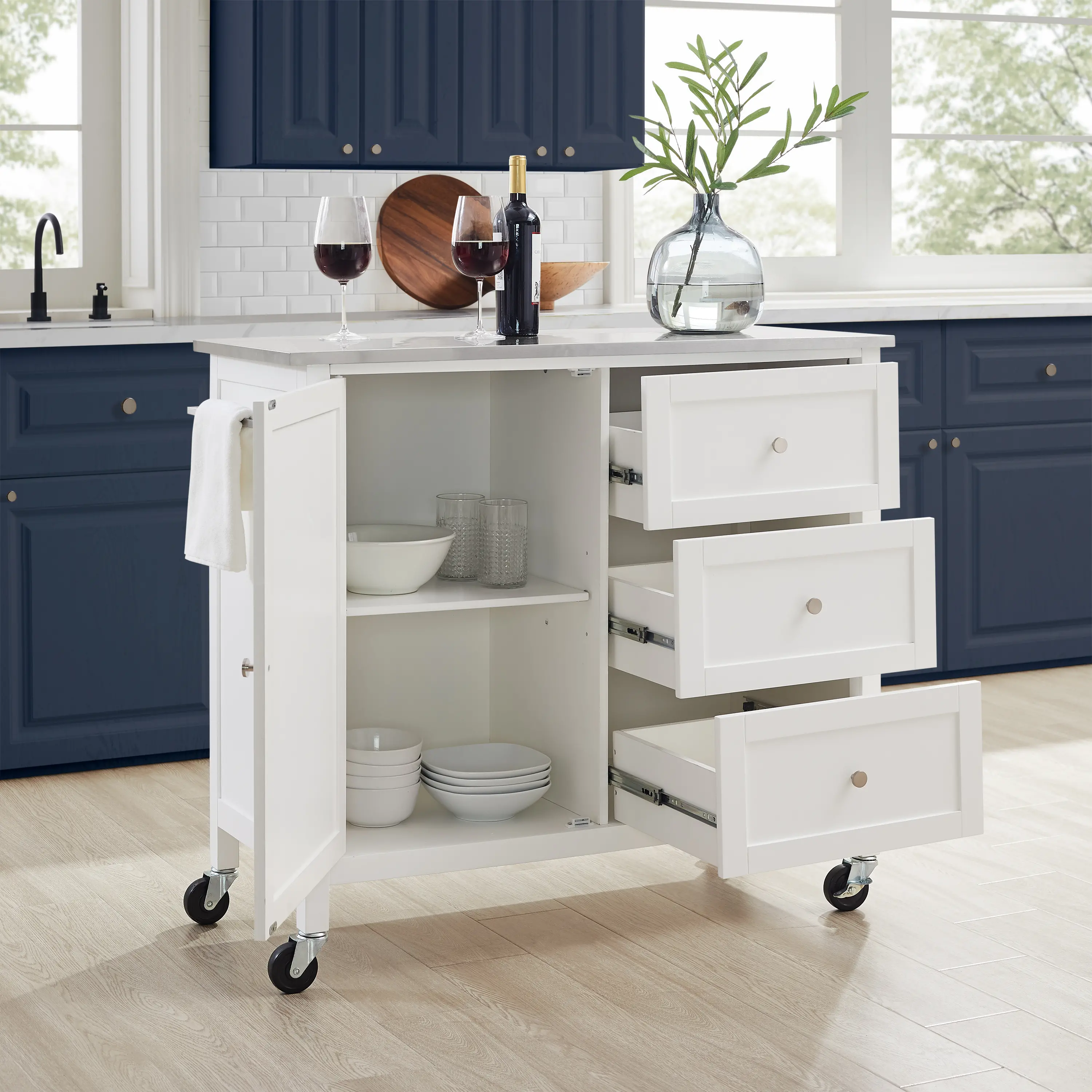 KF30090SS-WH Soren White Kitchen Island with Stainless Steel Top-4