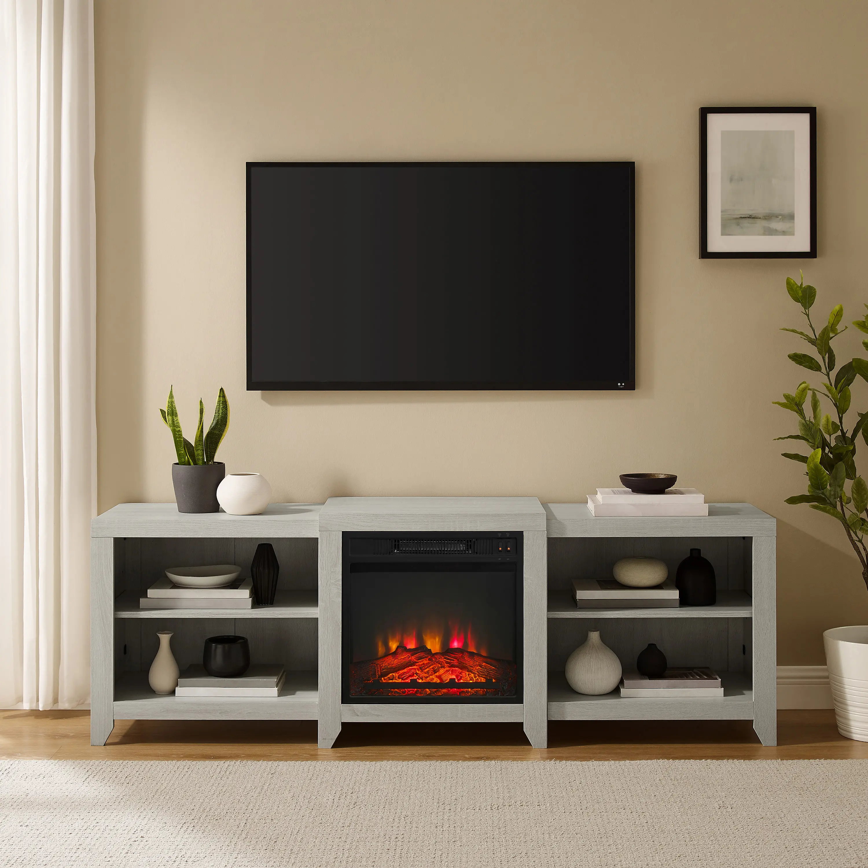 KF100969WW Ronin 69  Whitewash TV Stand with Fireplace-2