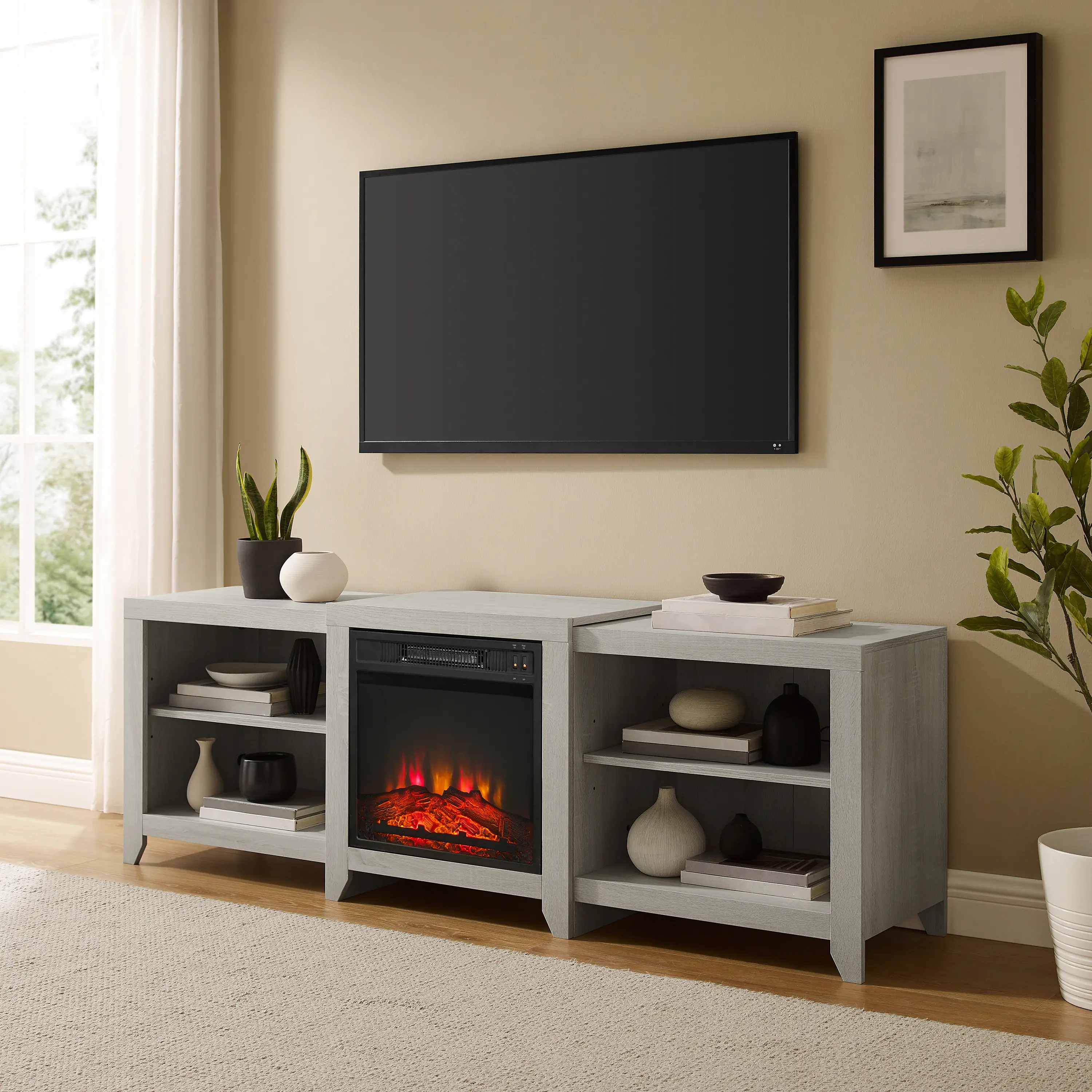 KF100969WW Ronin 69  Whitewash TV Stand with Fireplace-3