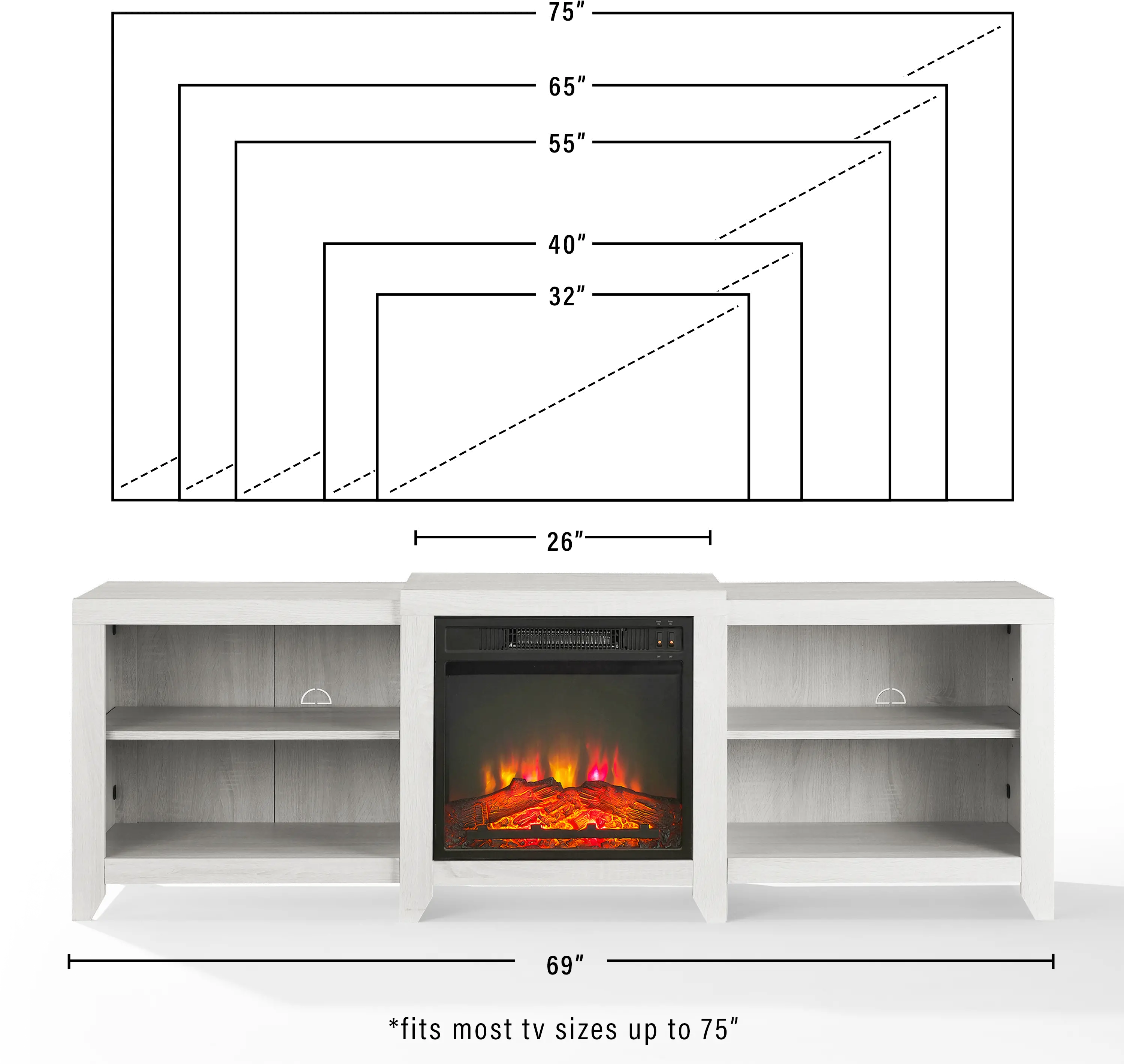 KF100969WW Ronin 69  Whitewash TV Stand with Fireplace-8