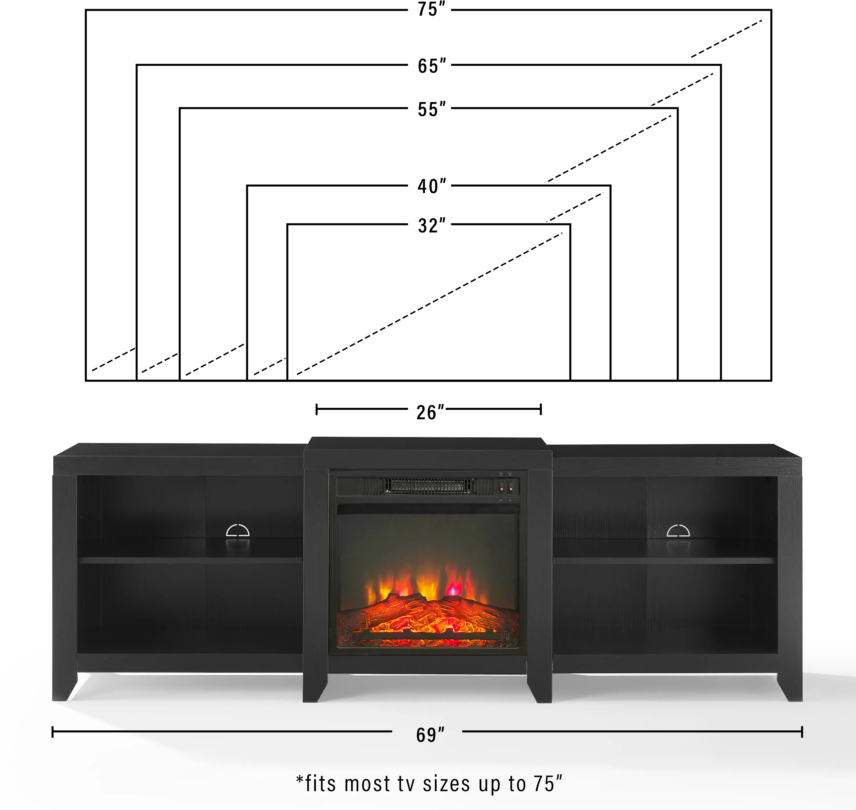 KF100969BK Ronin 69  Black TV Stand with Fireplace-8