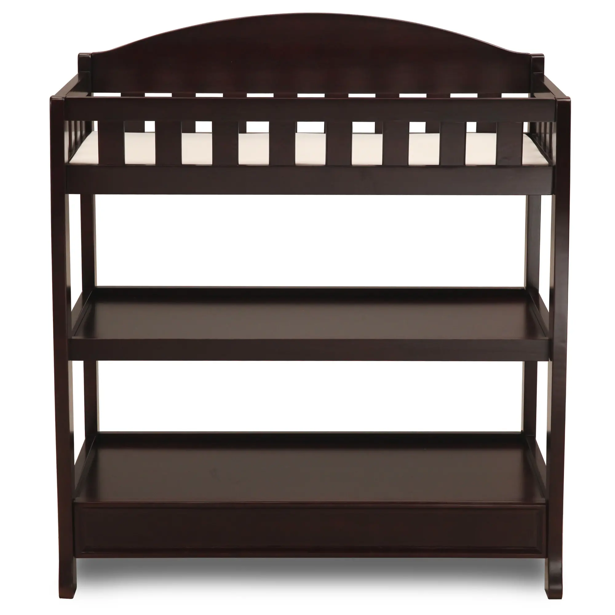 Dark brown wooden changing table with three open shelves and a bottom drawer, rectangular frame.