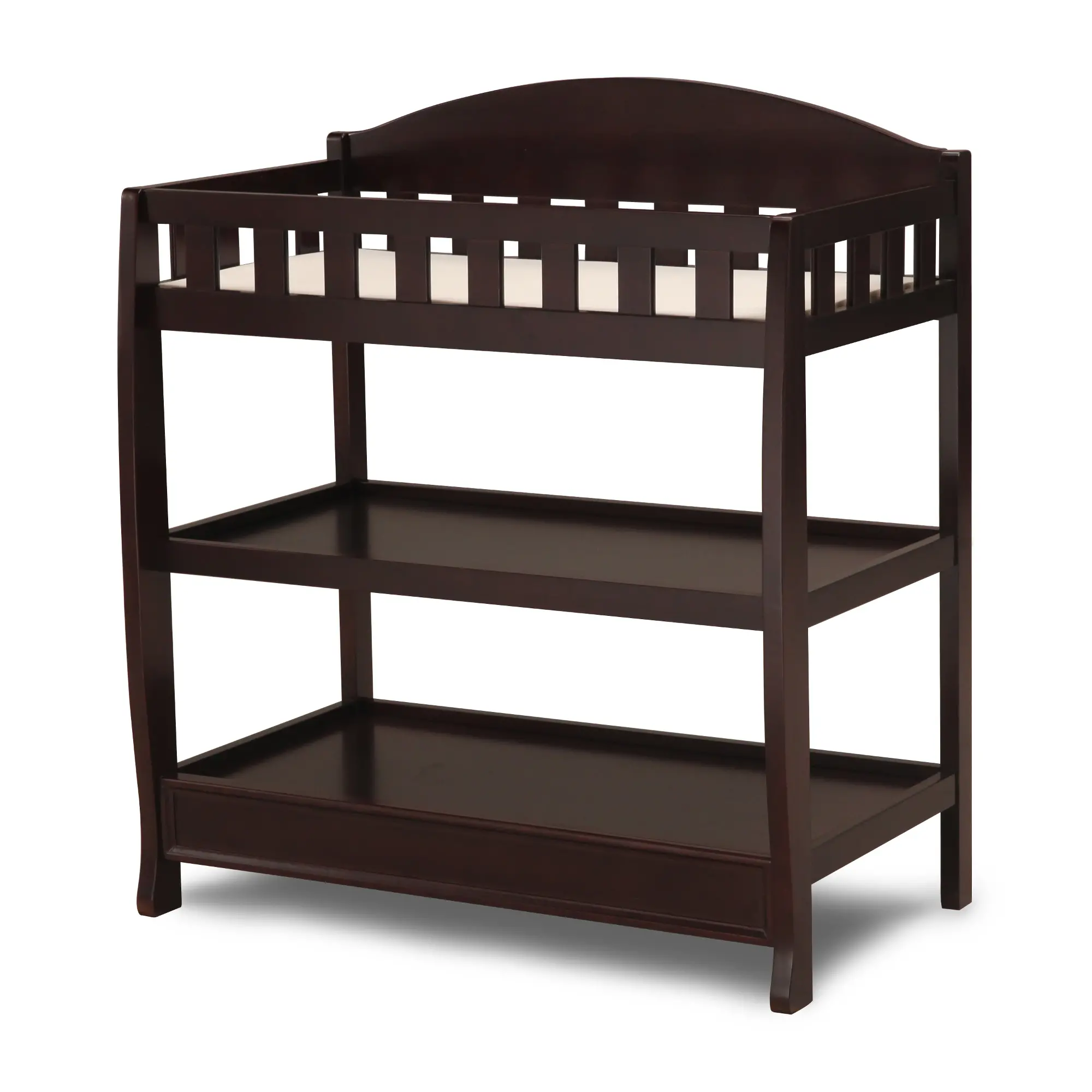 Dark brown wooden changing table with four shelves and curved back panel, viewed at angle.