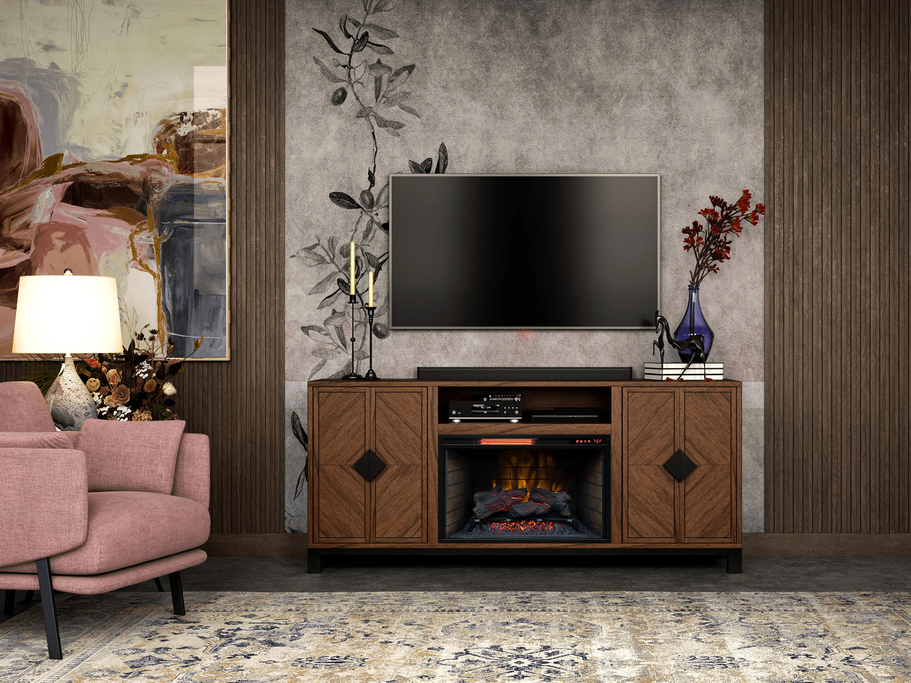 Riverbrook 66  Walnut Brown Fireplace TV Stand-2
