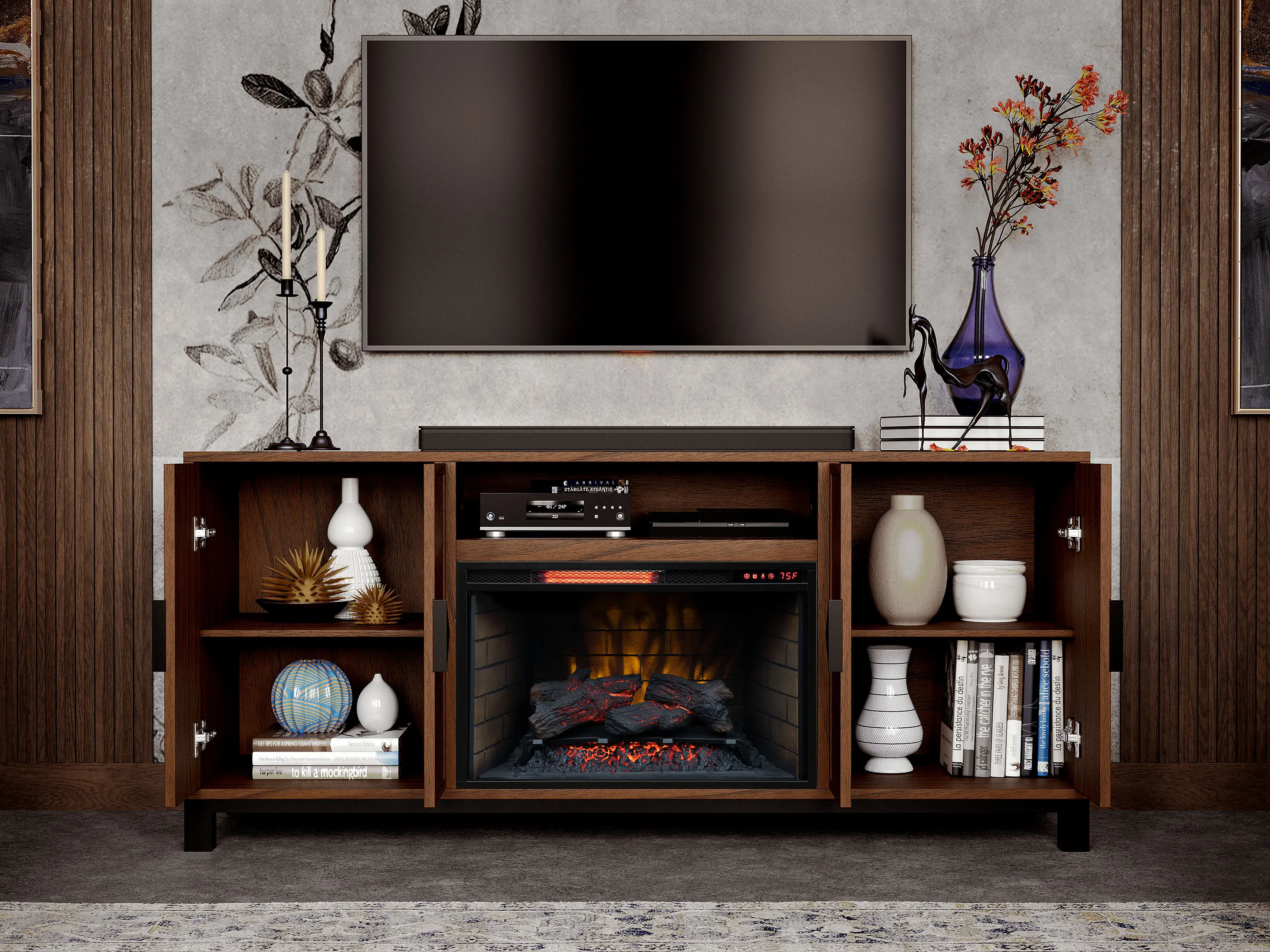 Riverbrook 66  Walnut Brown Fireplace TV Stand-3