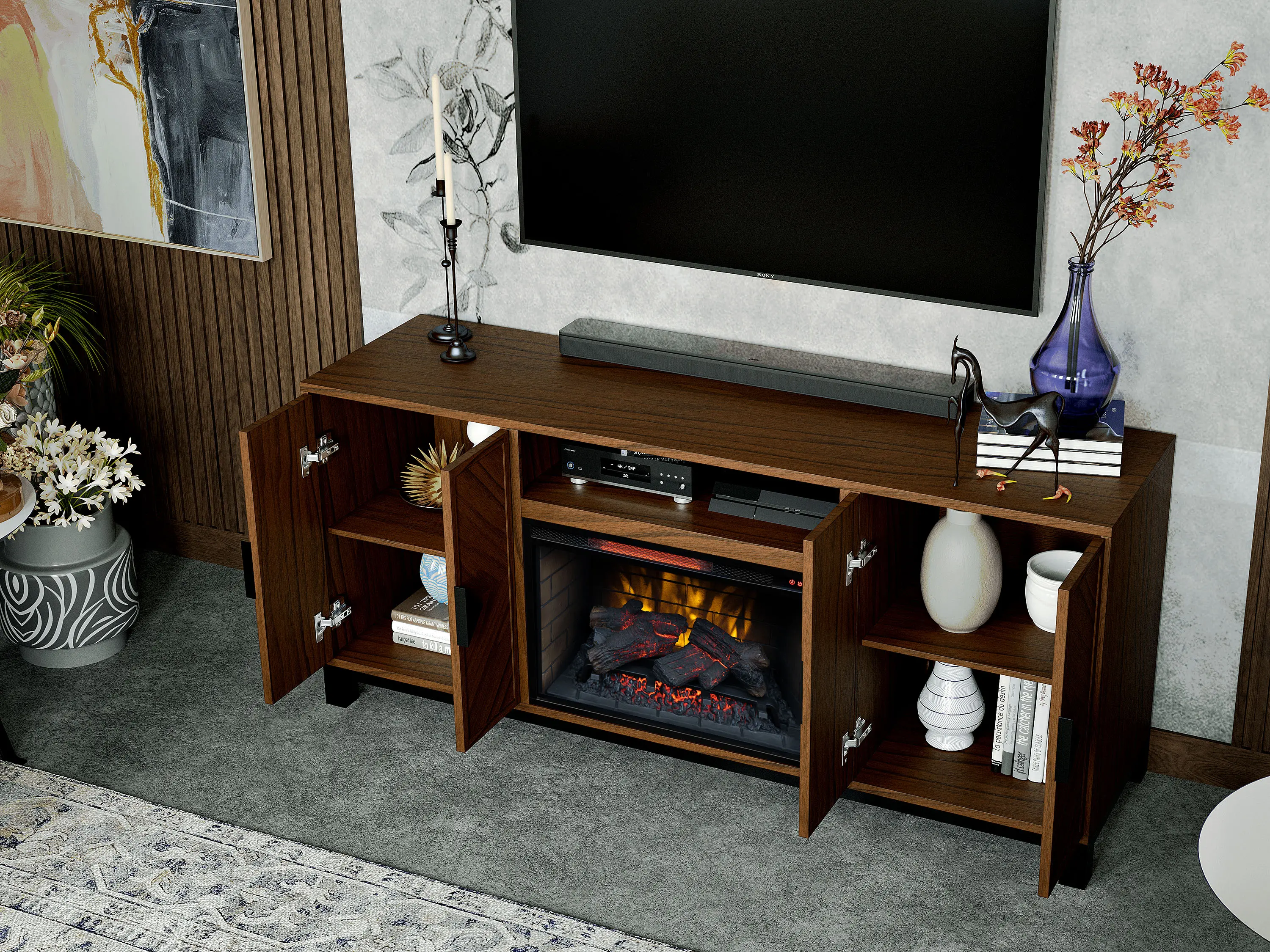 Riverbrook 66  Walnut Brown Fireplace TV Stand-4