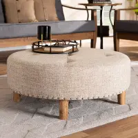 153-9199-RCW Vinet Beige Upholstered Round Cocktail Ottoman