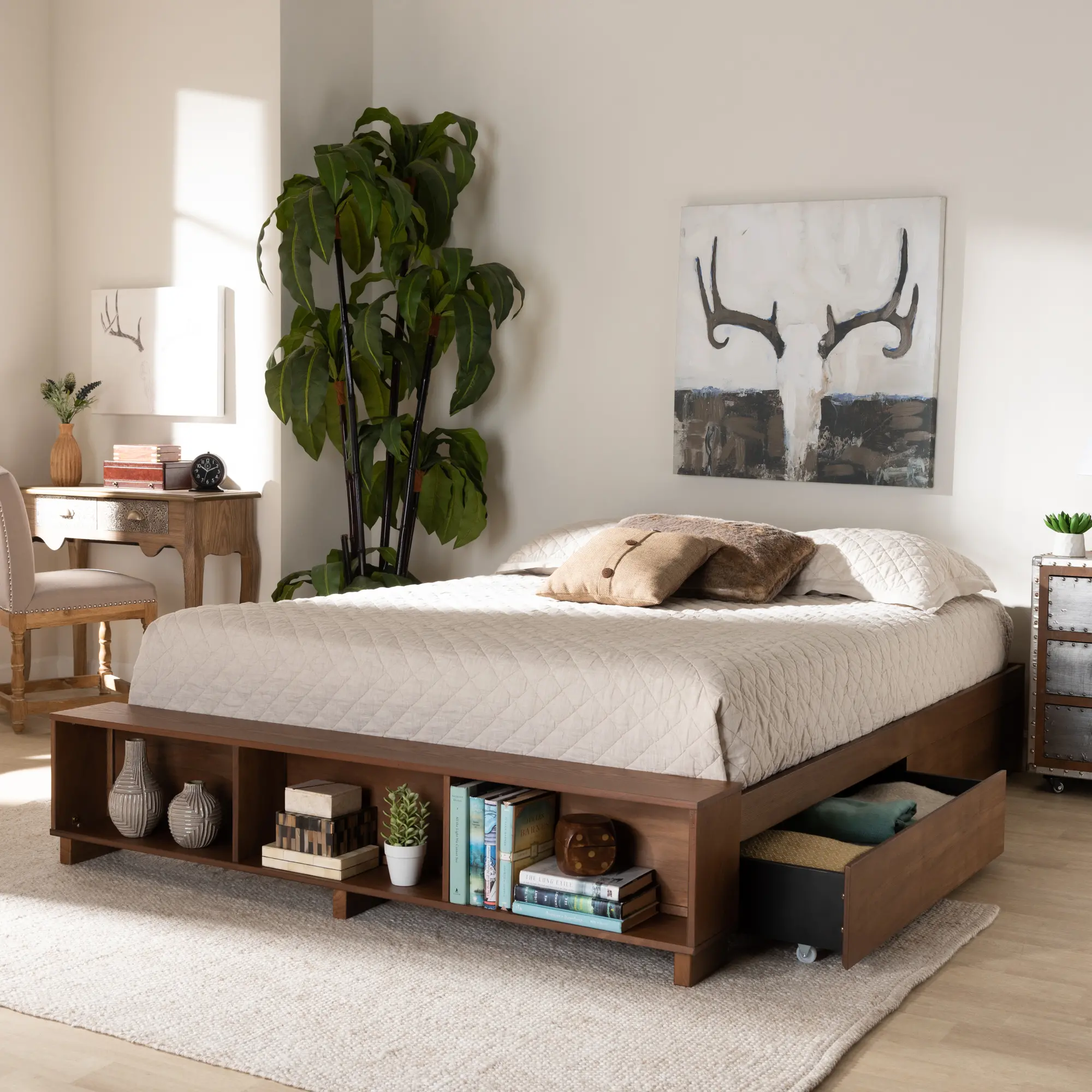 Baxton Studio Arthur Modern Rustic Ash Walnut Brown Finished Wood Queen Size Platform Bed with Built-in Shelves, image size:2000x2000
