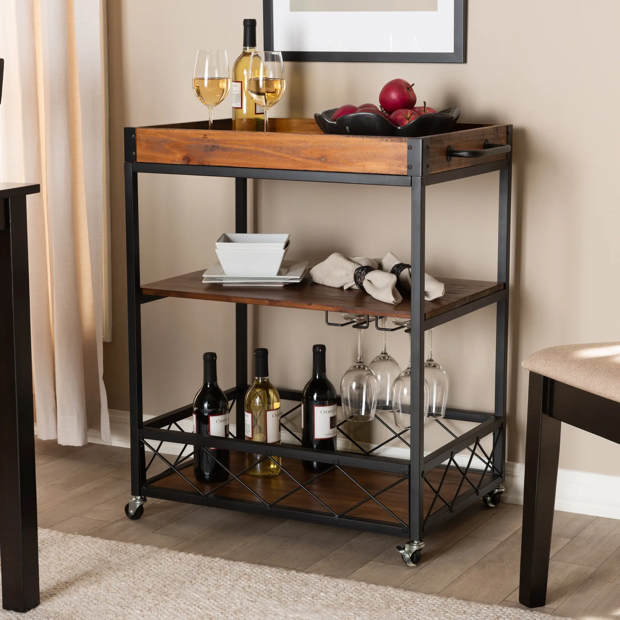 153-9040-RCW Capri Rustic Oak and Black Finished Metal Bar Cart-2