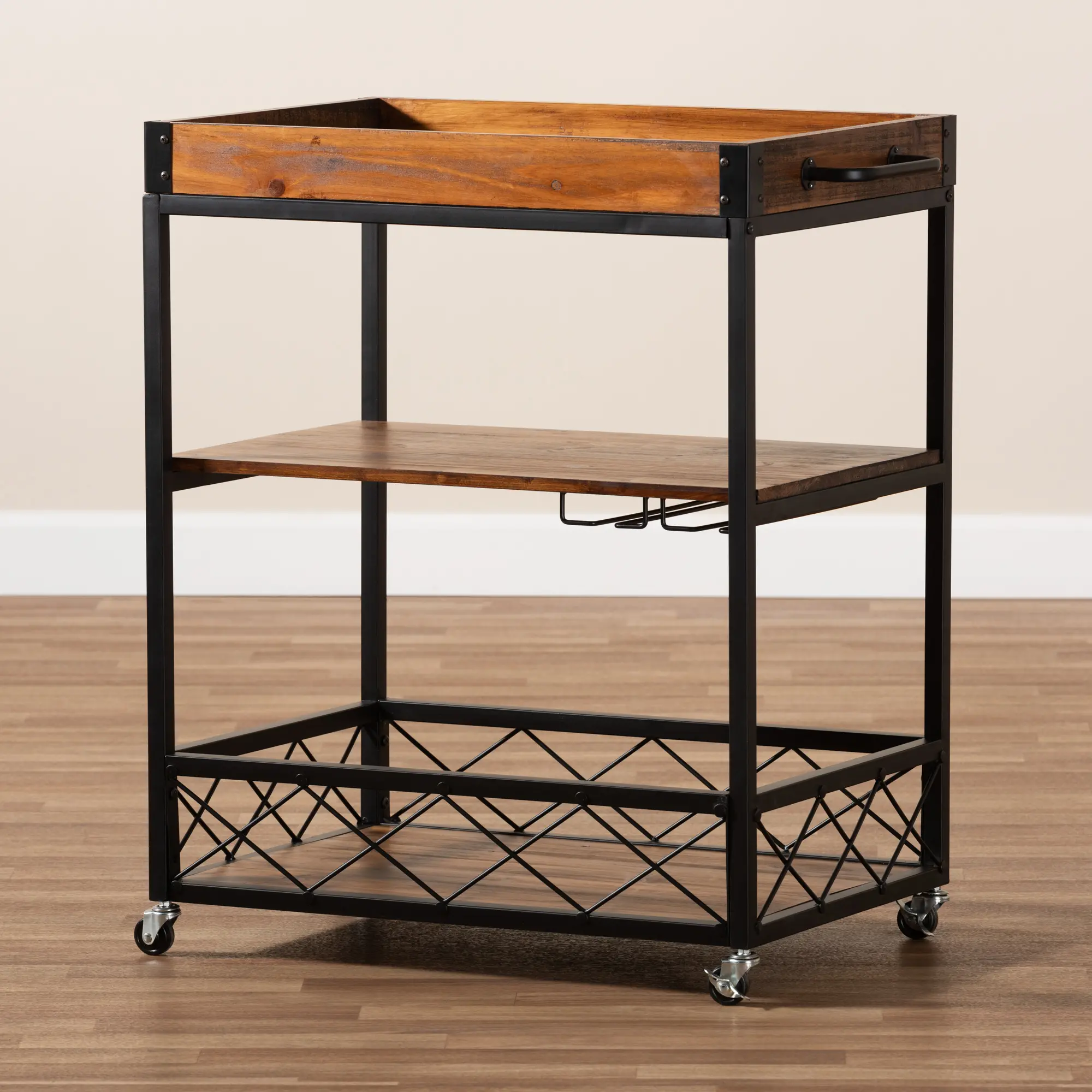 153-9040-RCW Capri Rustic Oak and Black Finished Metal Bar Cart-3