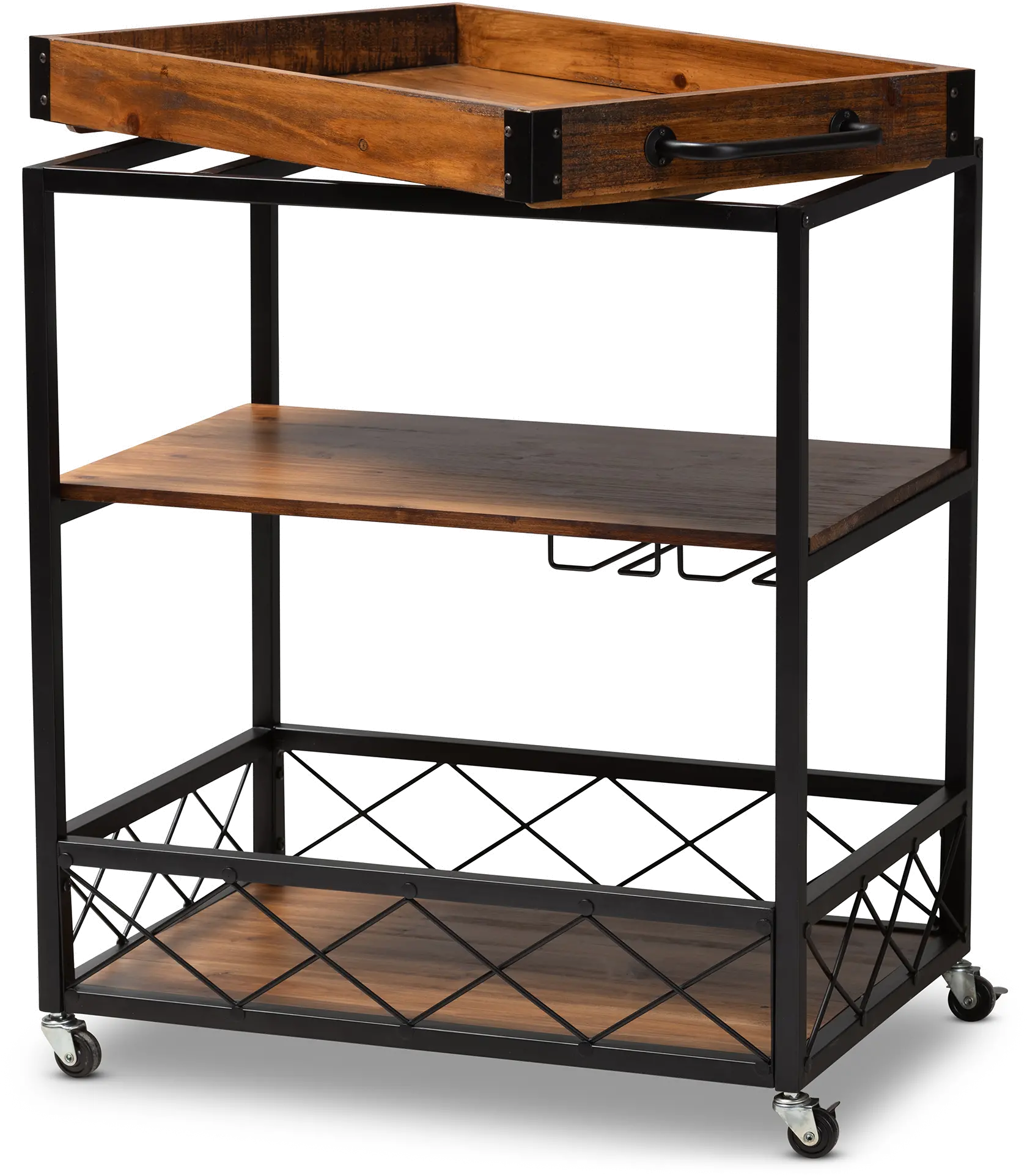 153-9040-RCW Capri Rustic Oak and Black Finished Metal Bar Cart-5