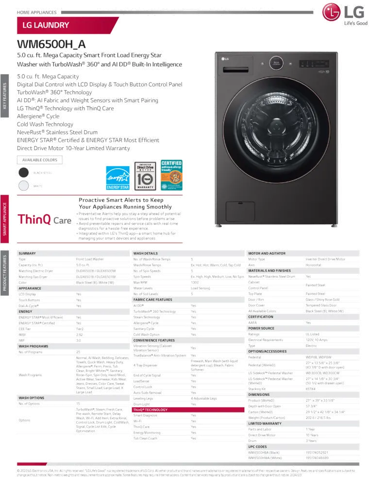 WM6500HBA LG 5 cu ft Front Load Washer - Black Steel 6500B-17