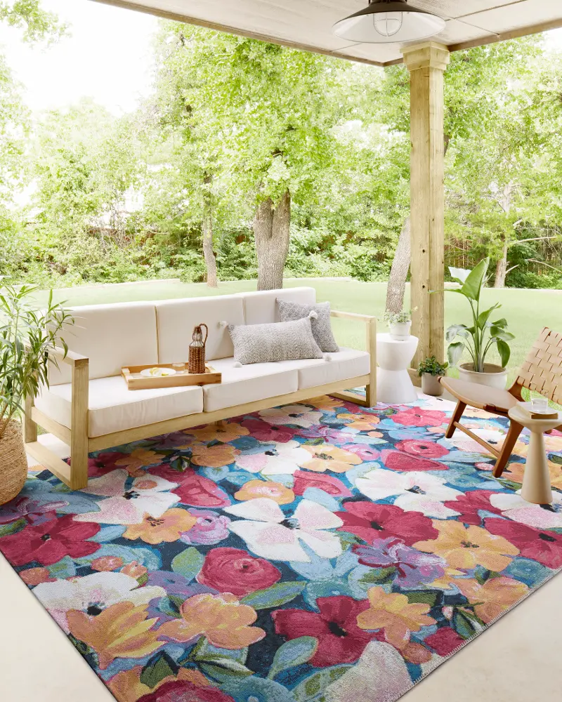 Botanical 5 x 8 Floral Navy Multicolor Outdoor Rug