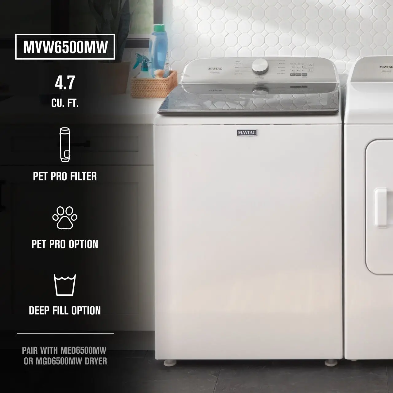 MVW6500MW Maytag 4.7 cu ft Pet Pro Washer - White M6500-8