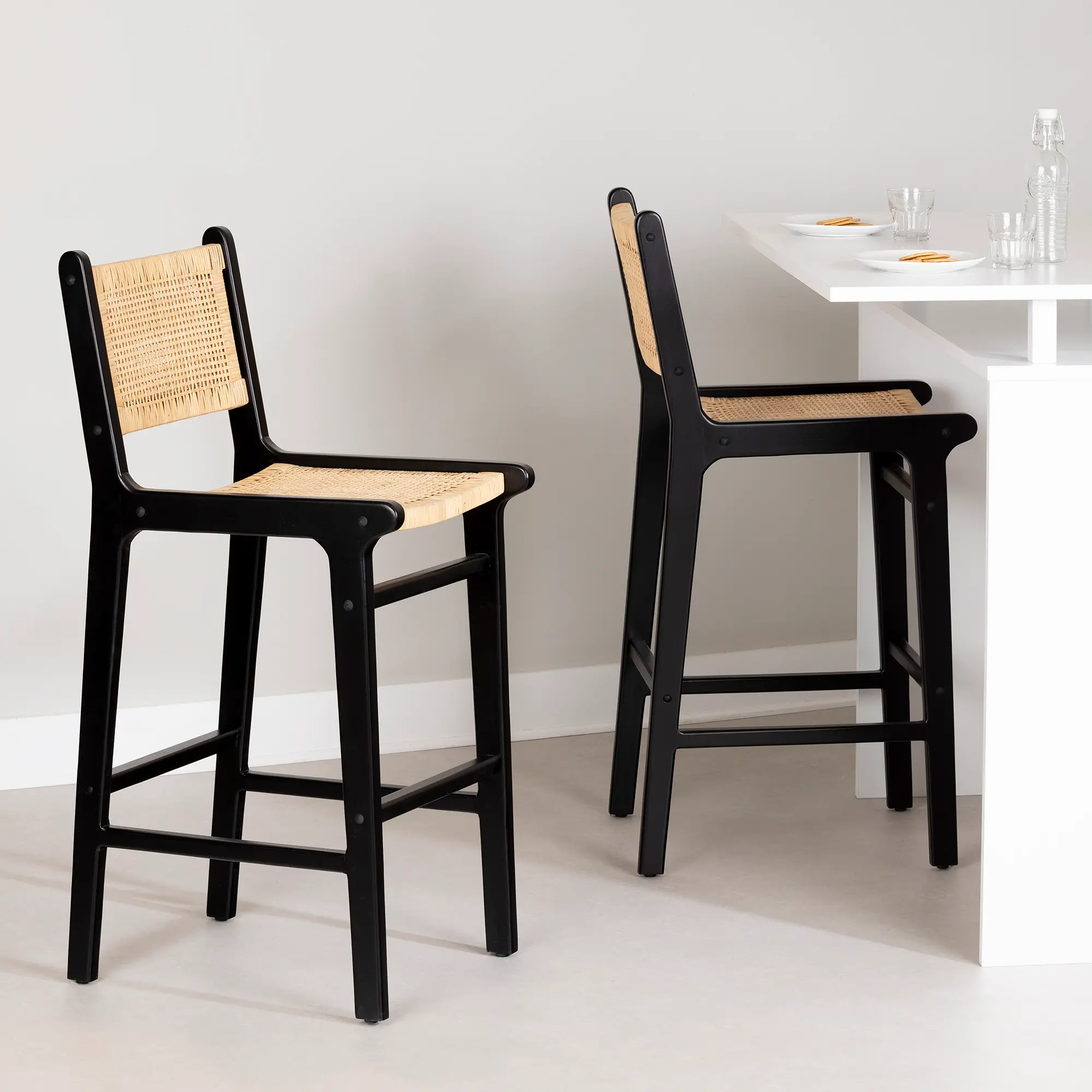 14686 Balka Black & Rattan Bar Stools, Set of 2-3