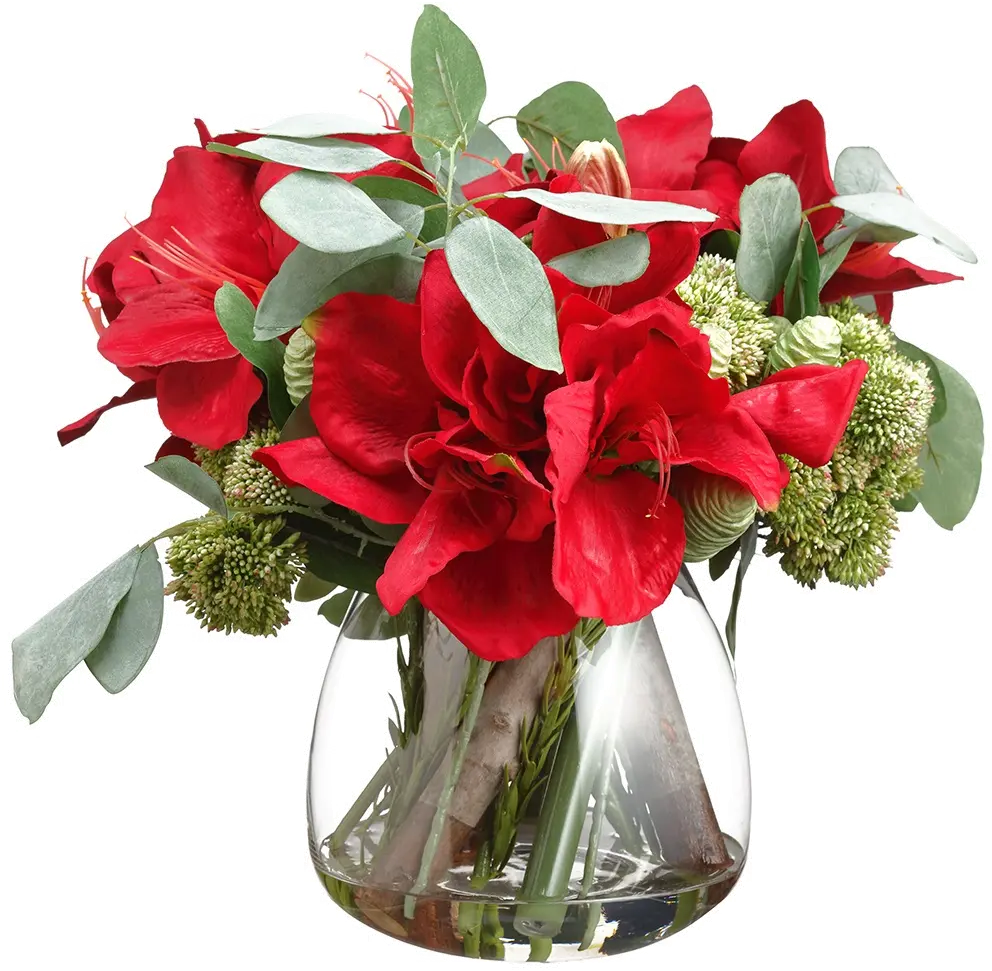 13 Inch Amaryl, Eucalyptus and Sedum In Glass Vase-1