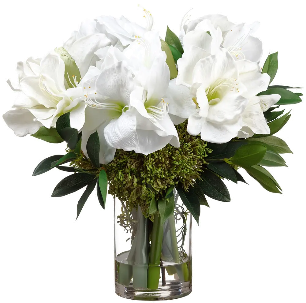 17 Inch Faux White Amaryllis and Sedum Arrangement-1