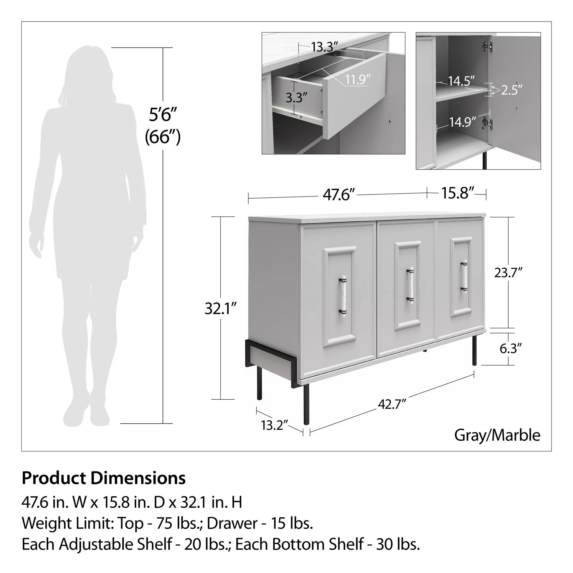 Liberty Dove Gray 3-Door Accent Cabinet with Marble Top-10