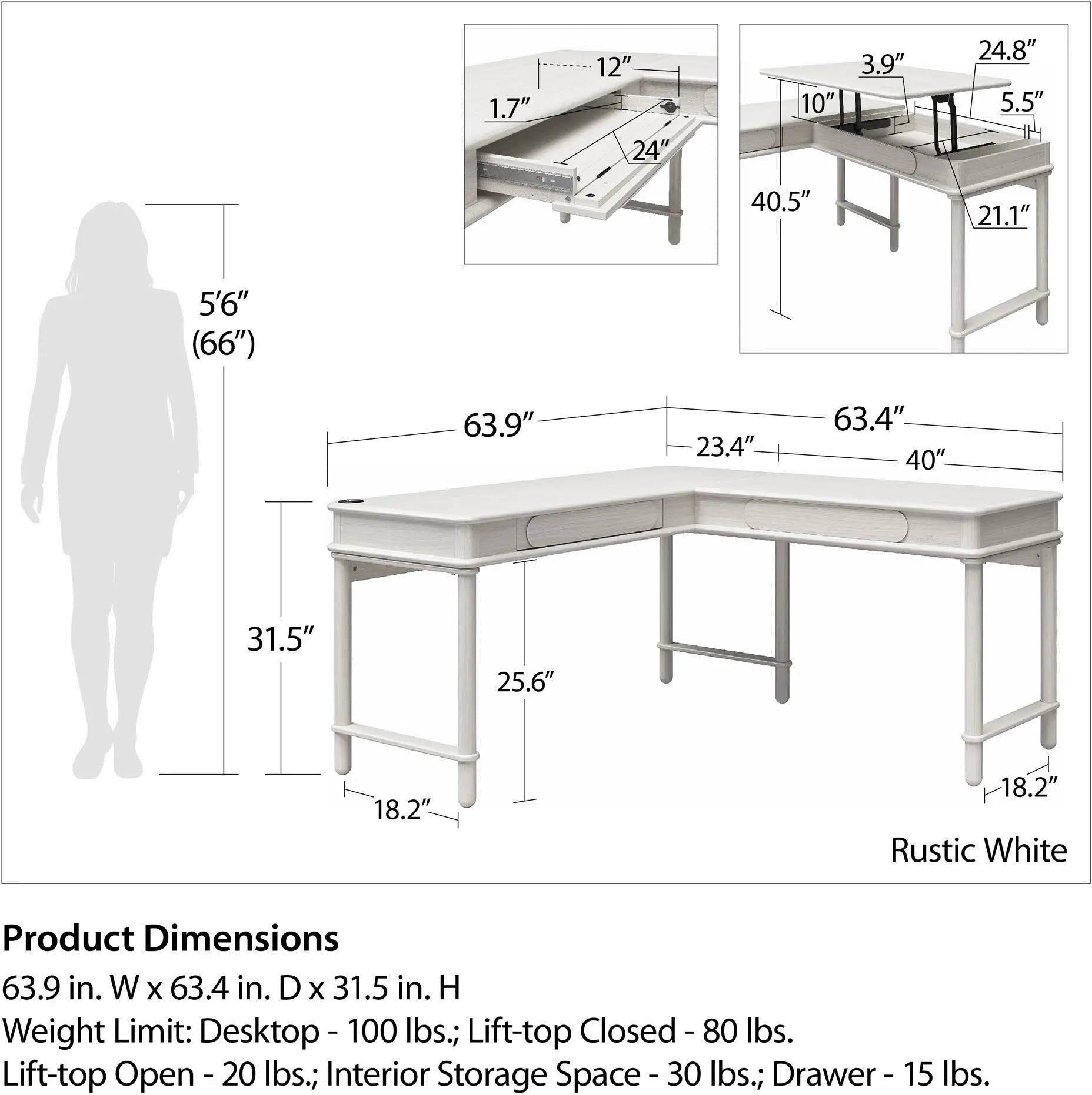 Selena Rustic White Lift-top L-Shaped Desk-1
