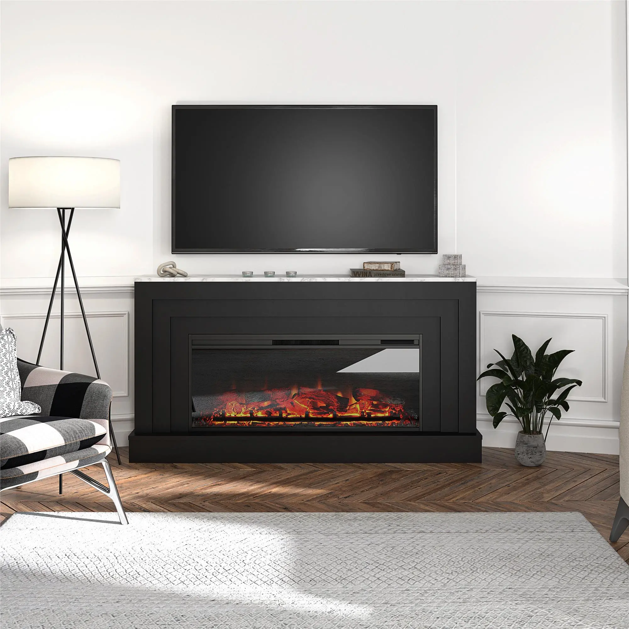 Lynnhaven Black & White Marble Wide Mantel with Fireplace-2