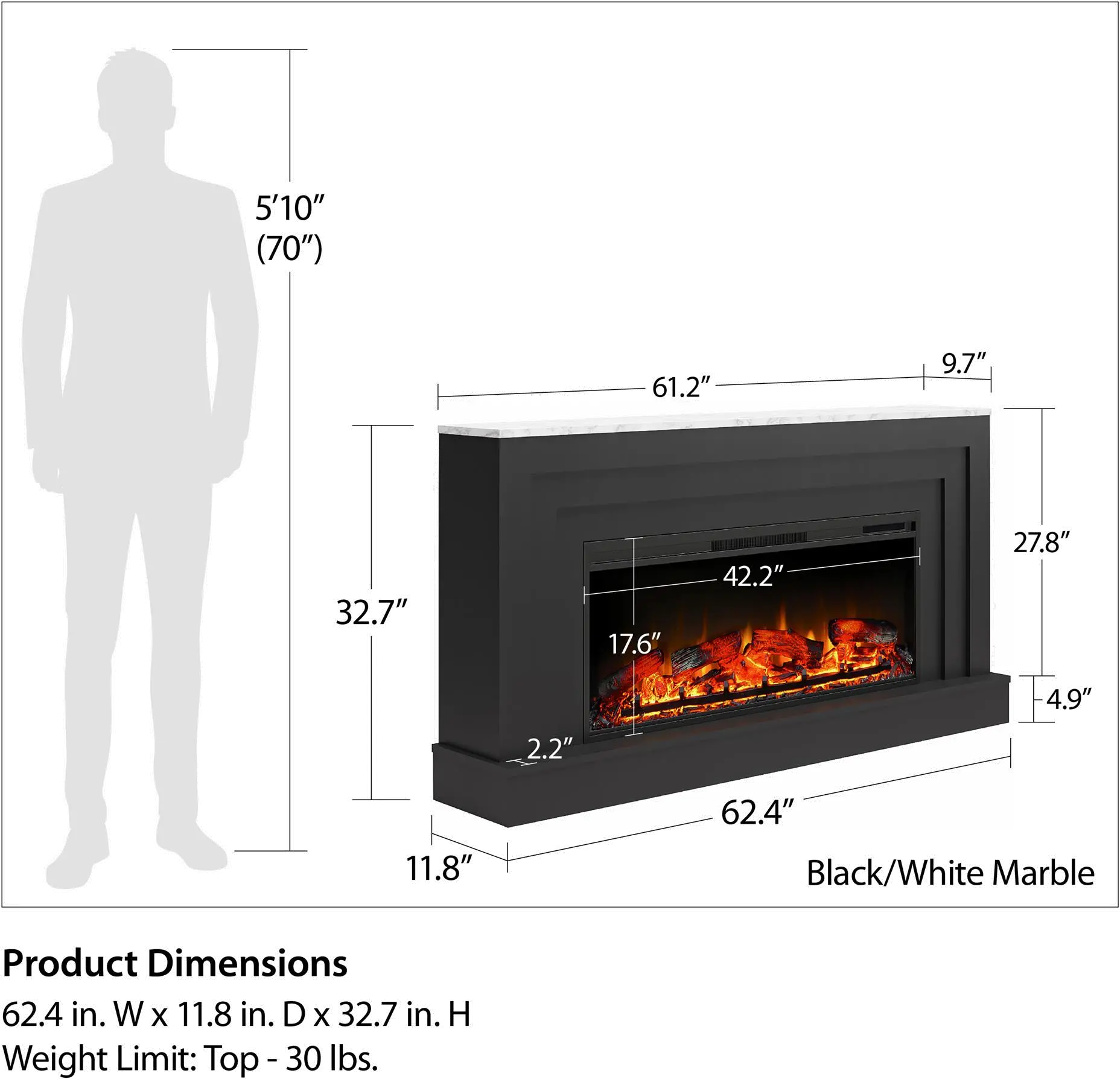 Lynnhaven Black & White Marble Wide Mantel with Fireplace-1