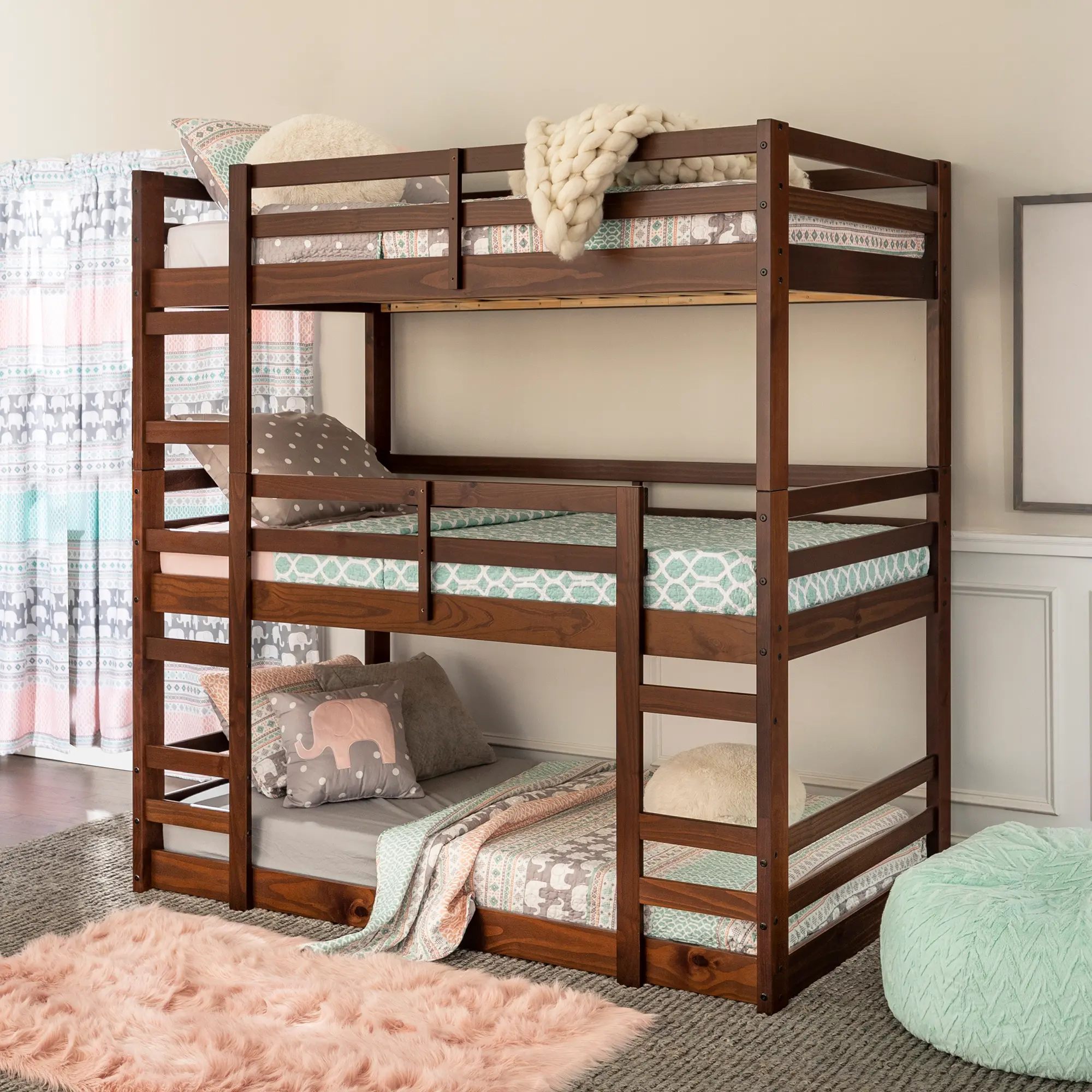 BW3TOTWT Walnut Wood Triple Bunk Bed-2