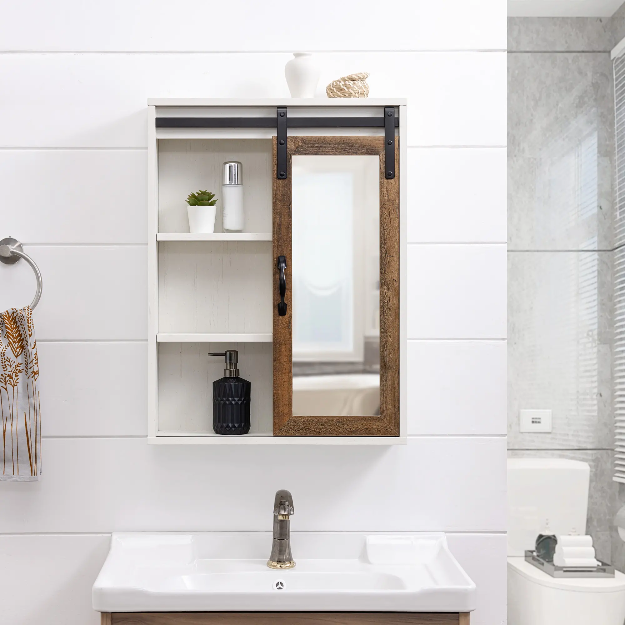 SBDBASMBRWRO Sliding Mirrored Barn Door White & Oak Wall Cabinet-2