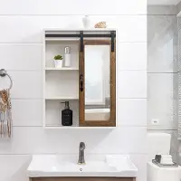 SBDBASMBRWRO Sliding Mirrored Barn Door White & Oak Wall Cabinet