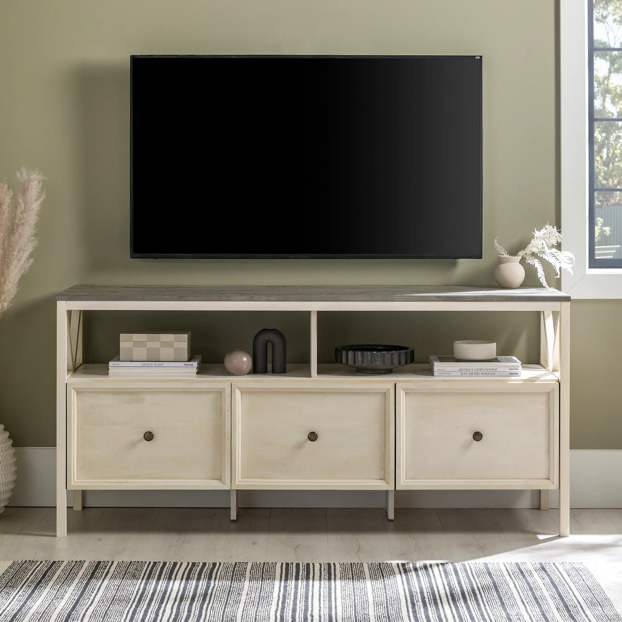 W60NAT3DRWWG Natalee 60  Distressed White & Gray 3-Drawer TV Stand-2