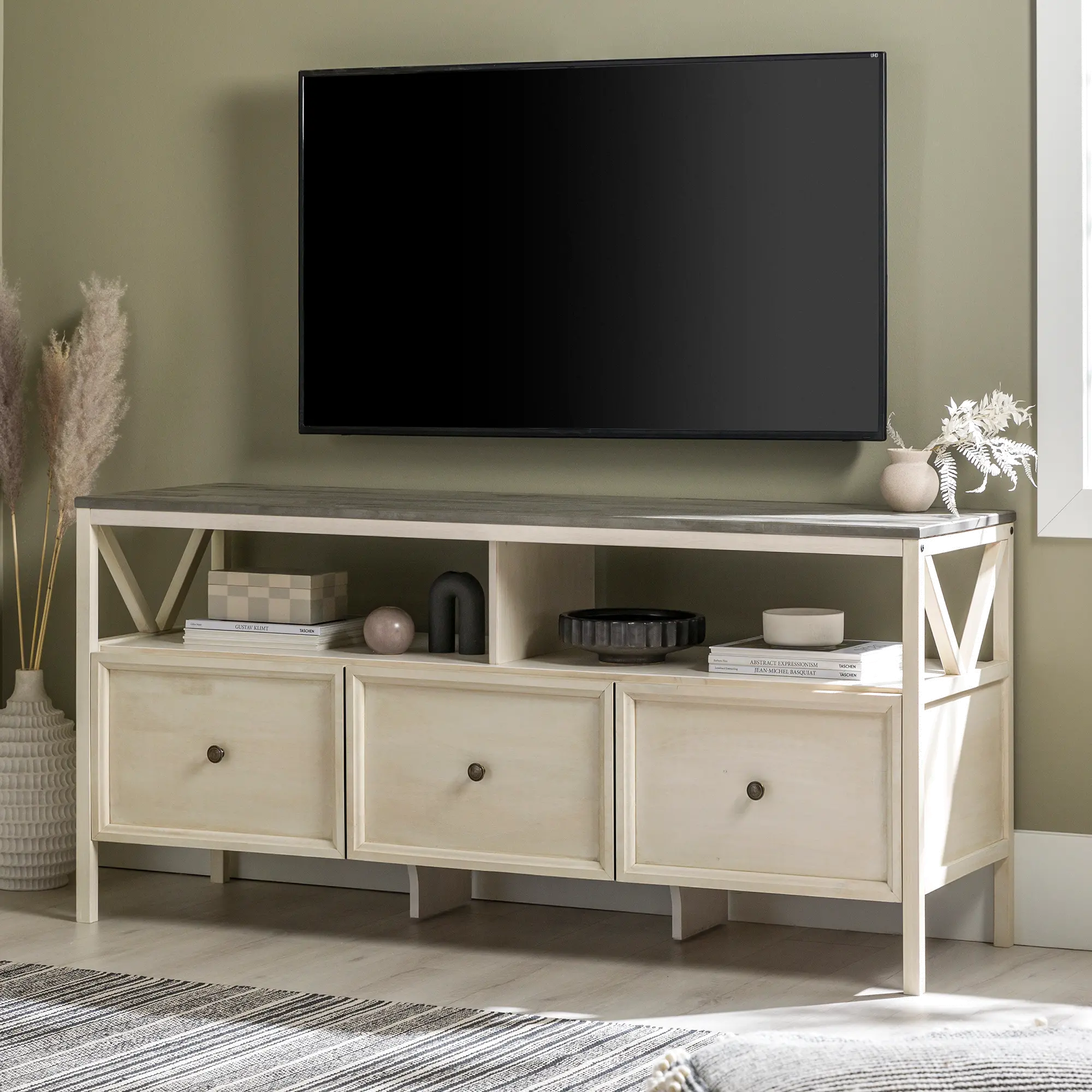 W60NAT3DRWWG Natalee 60  Distressed White & Gray 3-Drawer TV Stand-3