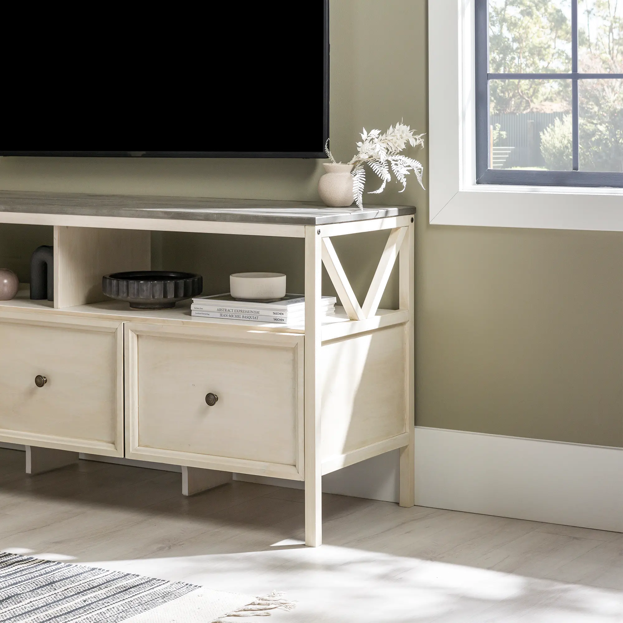 W60NAT3DRWWG Natalee 60  Distressed White & Gray 3-Drawer TV Stand-4
