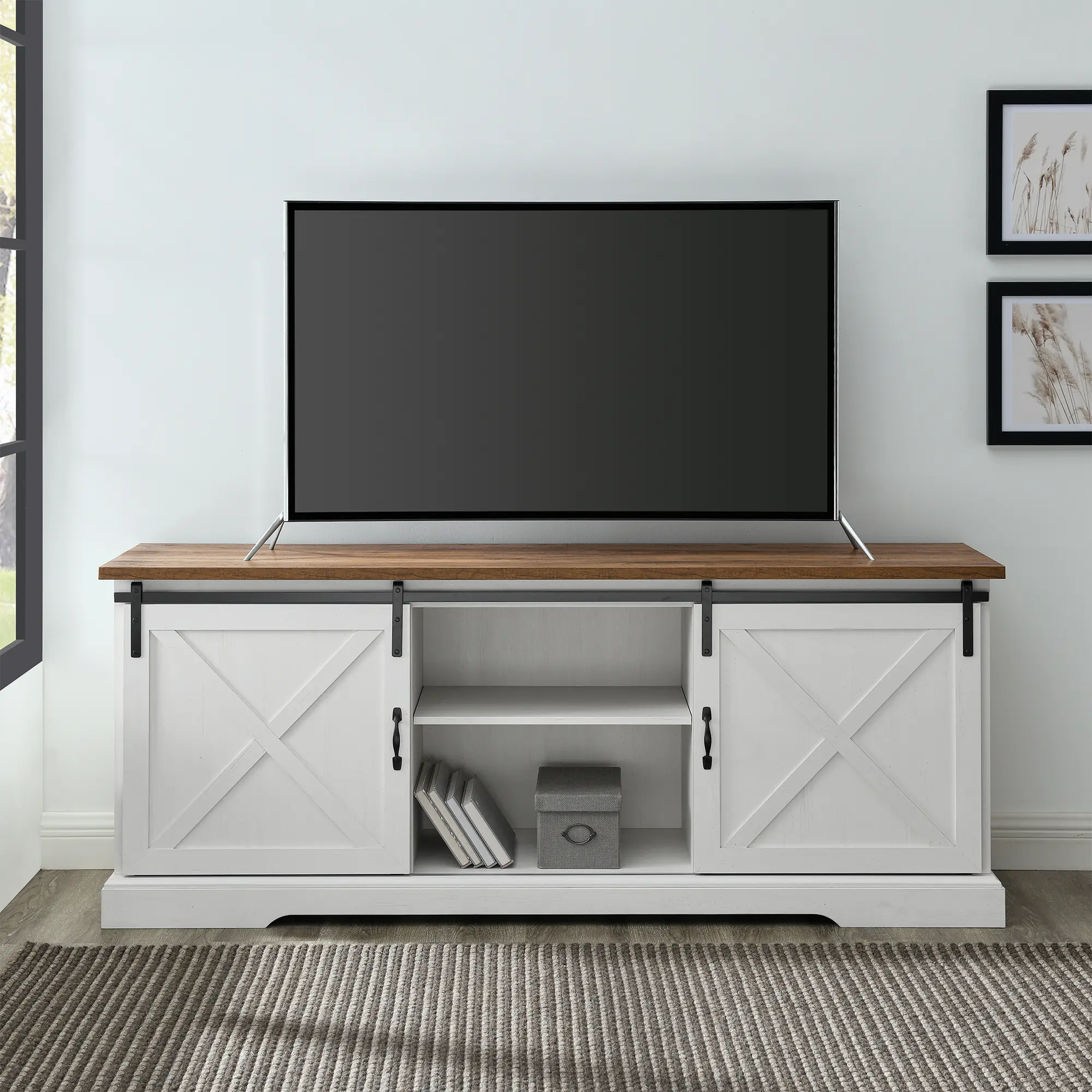 W70SBDROBRW Sliding Barn Door 70  White & Oak TV Stand-2