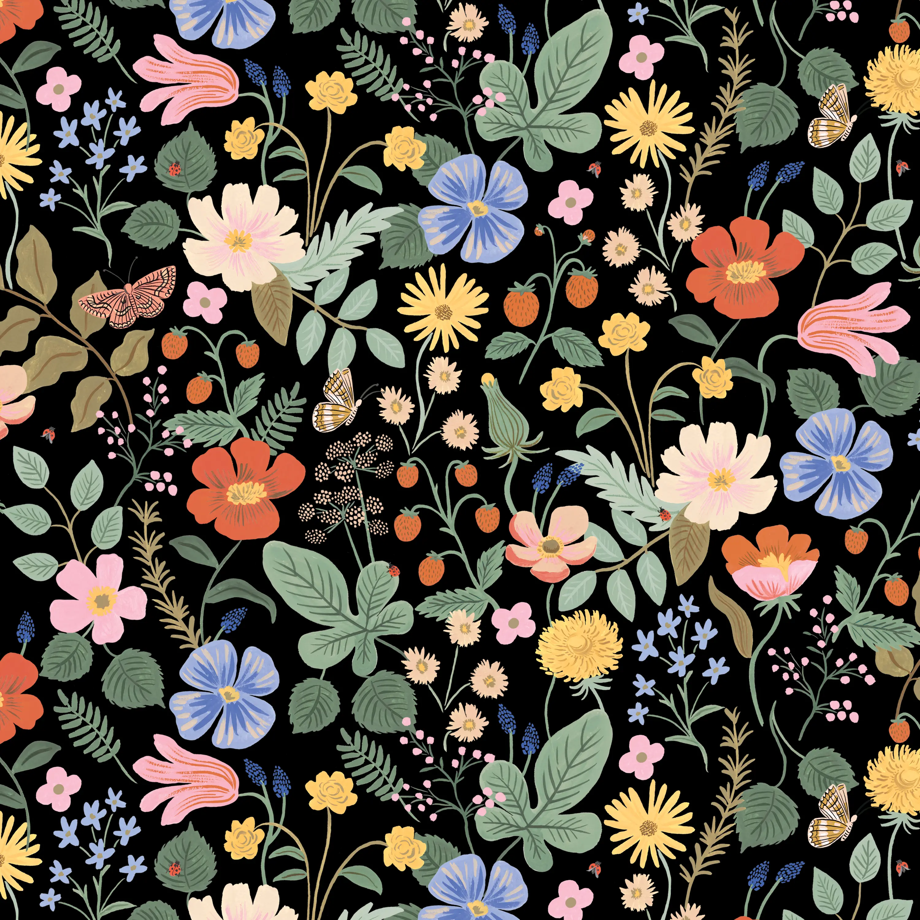 912QRPCSTFLBLKLCB Rifle Paper Co Mayfair Black Strawberry Fields Queen Headboard-5