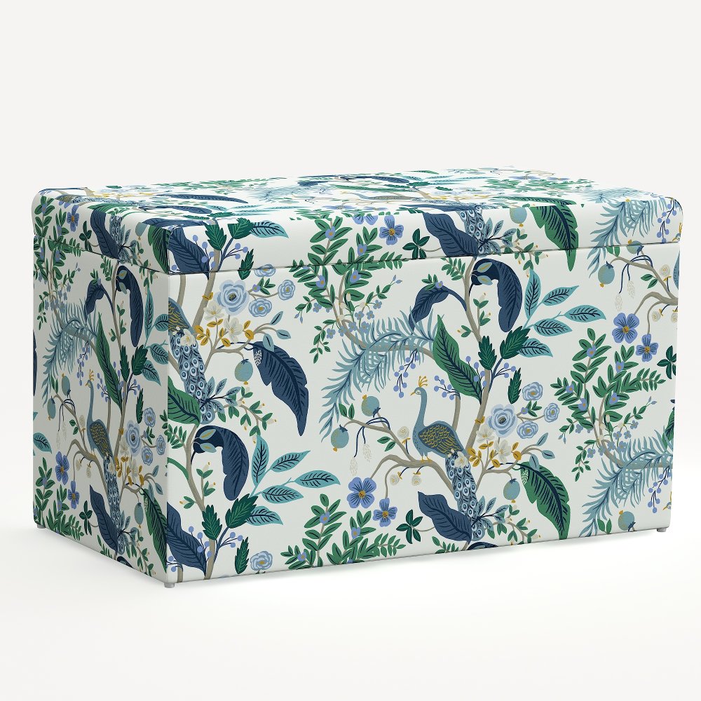 Rifle Paper Co. Willie Blue & White Peacock Storage Bench