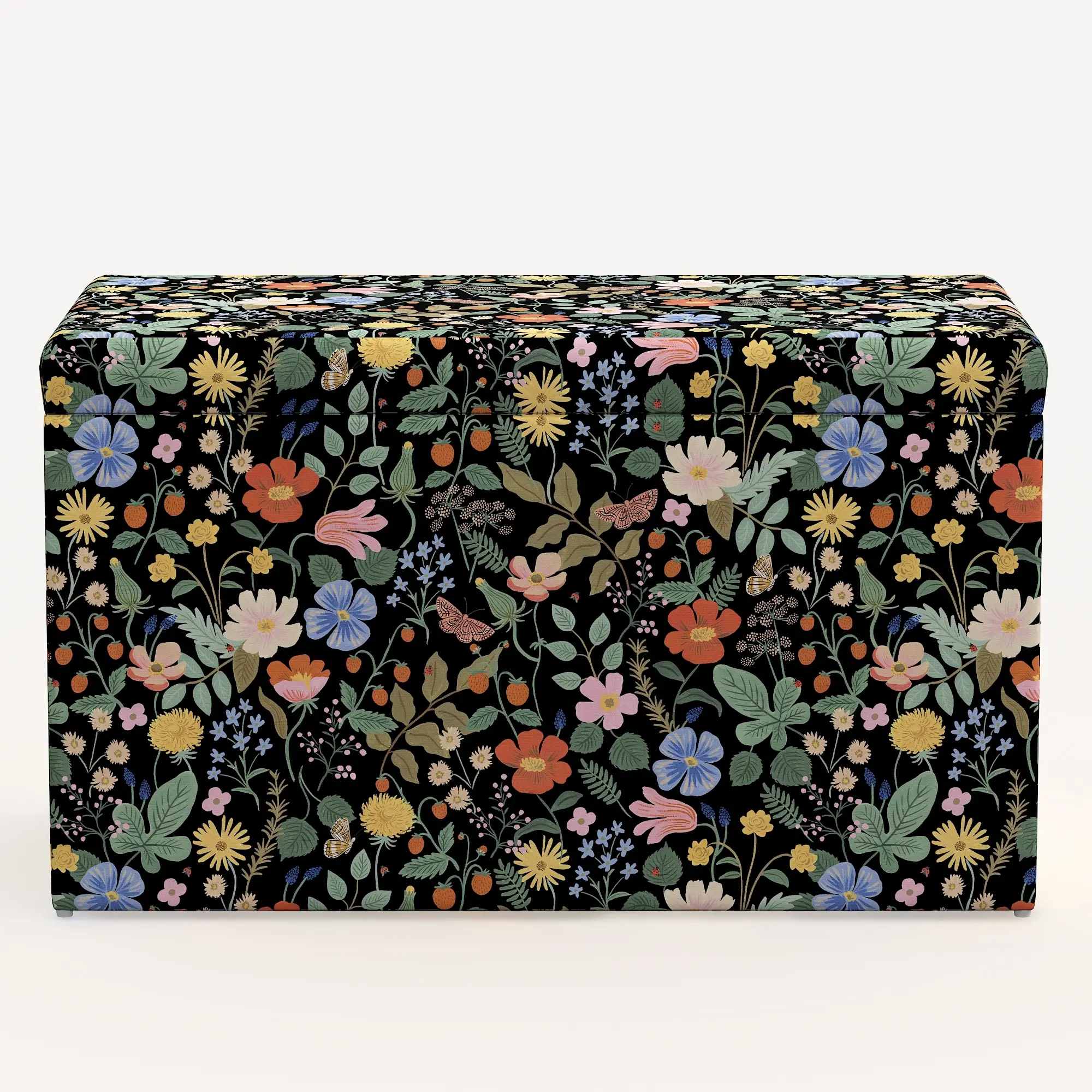4325STRPCSTFLBLKLCB Rifle Paper Co. Willie Black Strawberry Fields Storage Bench-2
