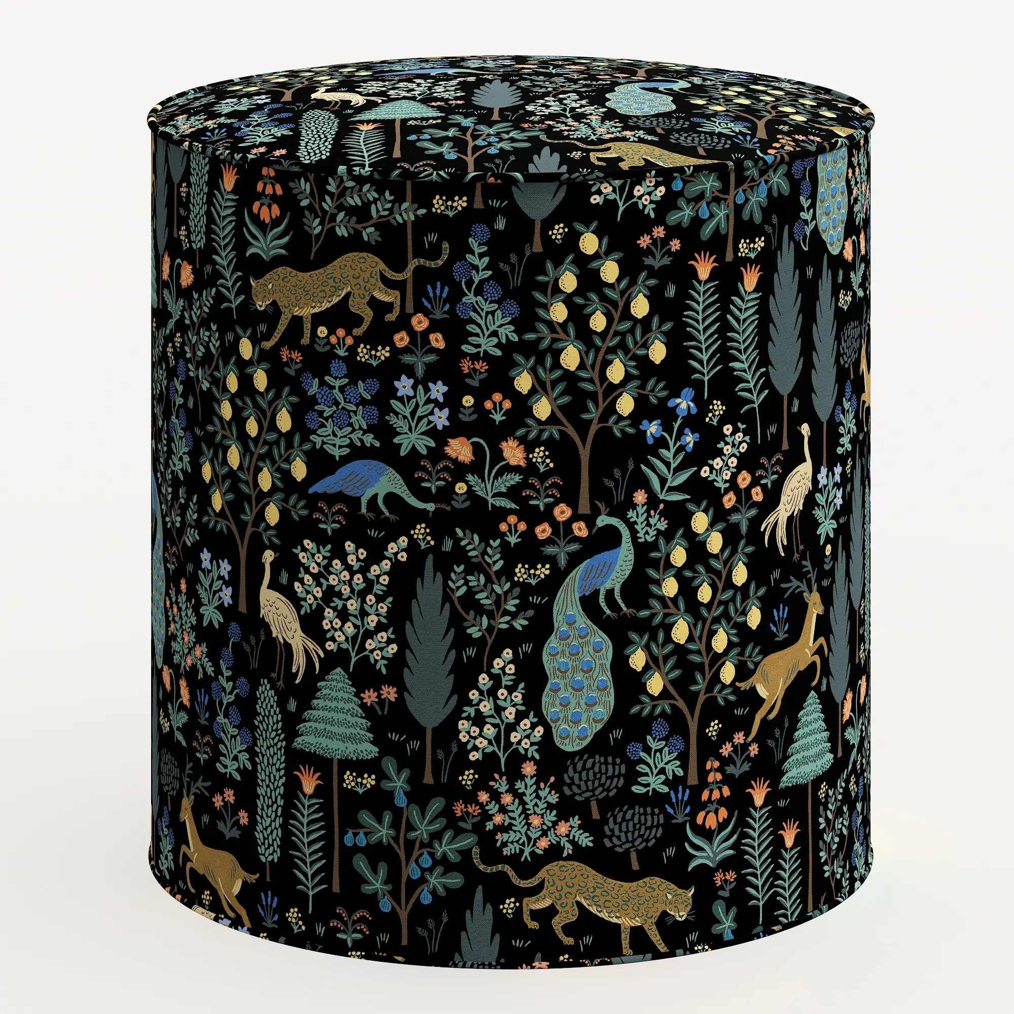 90-2RPCMNBLKLCB Rifle Paper Co. Billie Menagerie Black Round Ottoman-2
