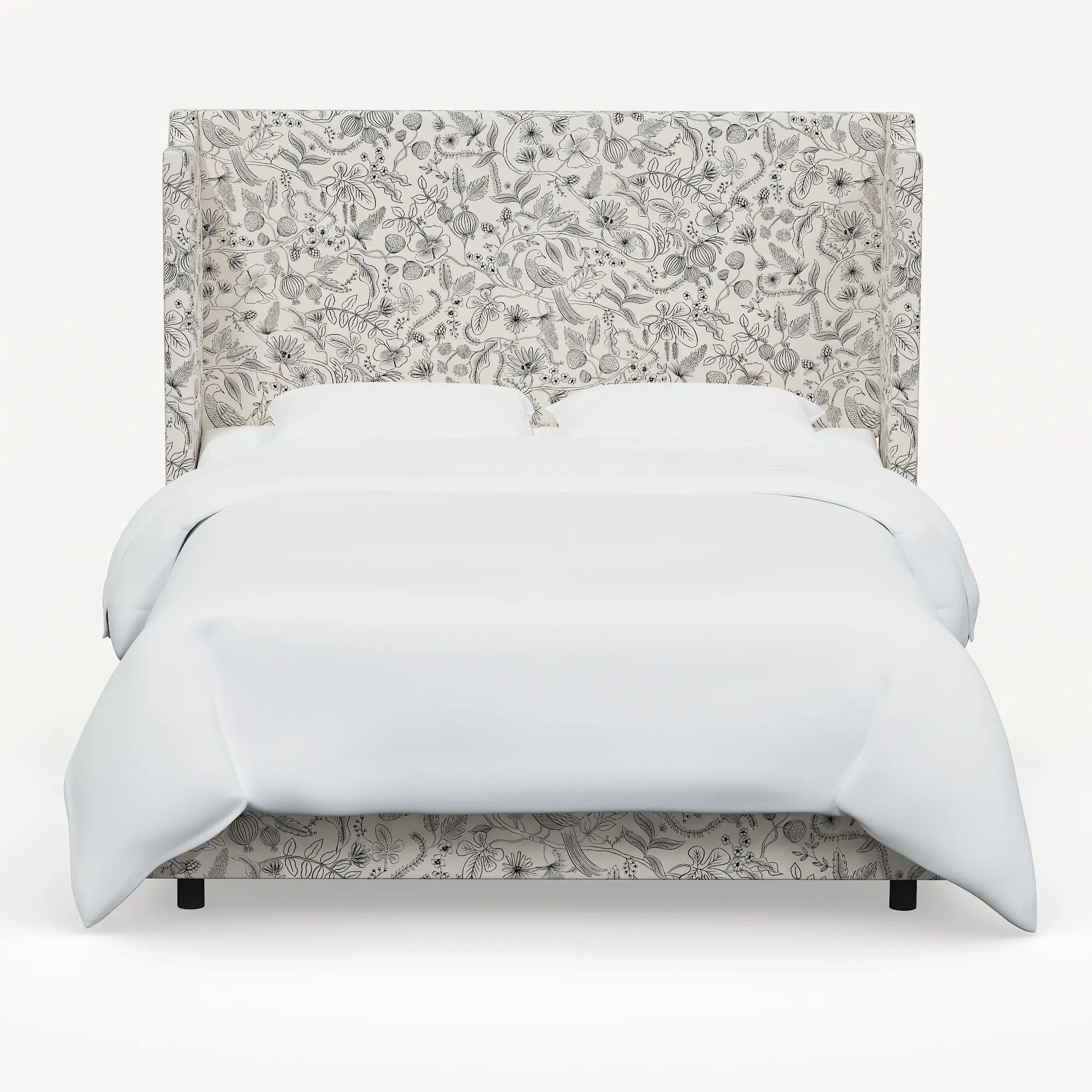972BEDRPCAVBLKCRMLCB Rifle Paper Co Hawthorne Aviary Cream and Black Queen Wingback Bed-1