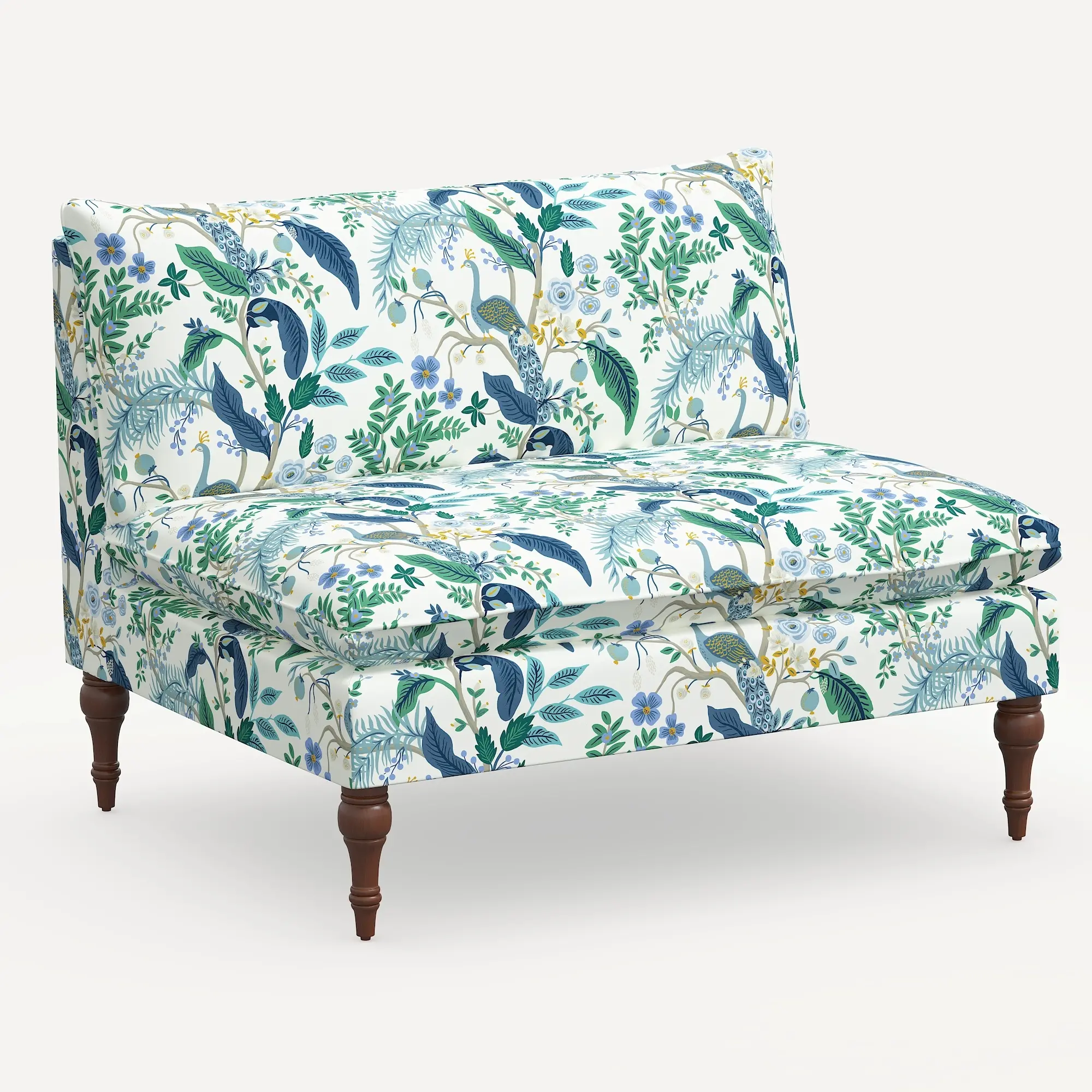 2206RPCPCBLWHLCB Rifle Paper Co. Louie Blue Peacock Armless Loveseat-2