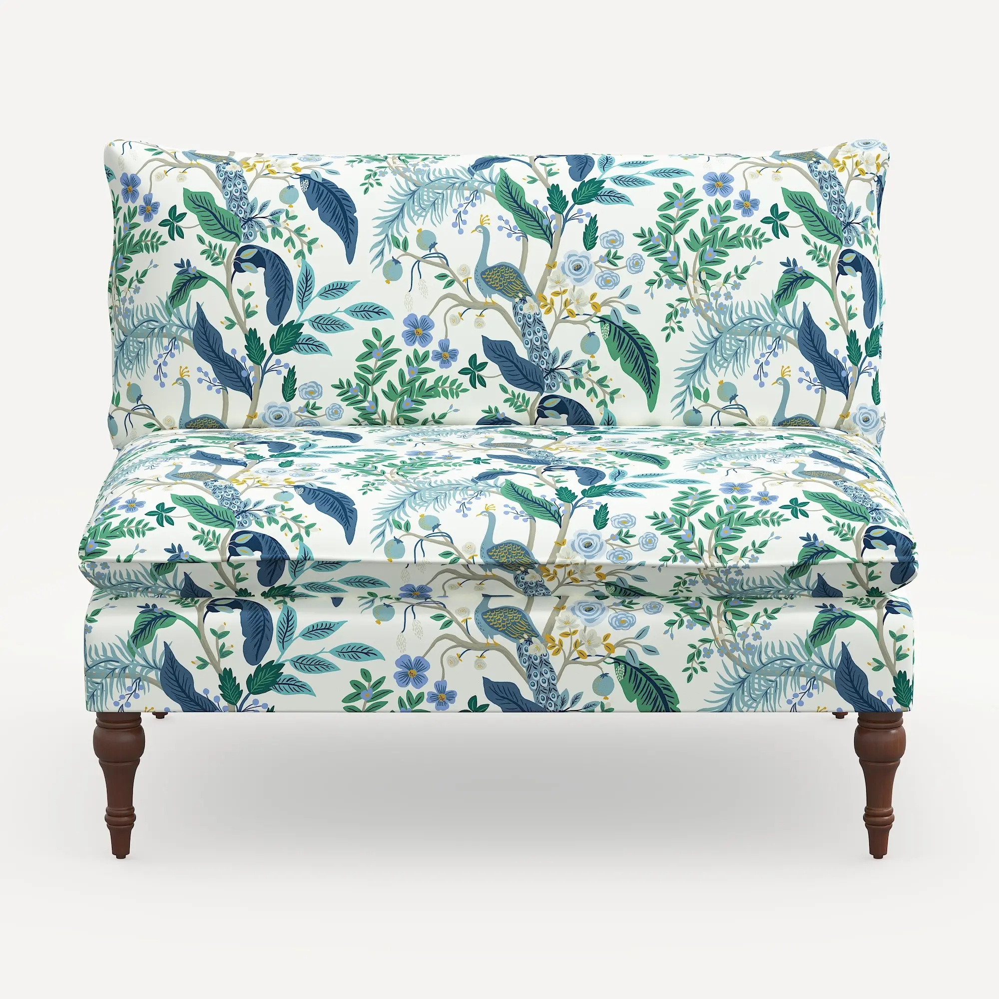 2206RPCPCBLWHLCB Rifle Paper Co. Louie Blue Peacock Armless Loveseat-1
