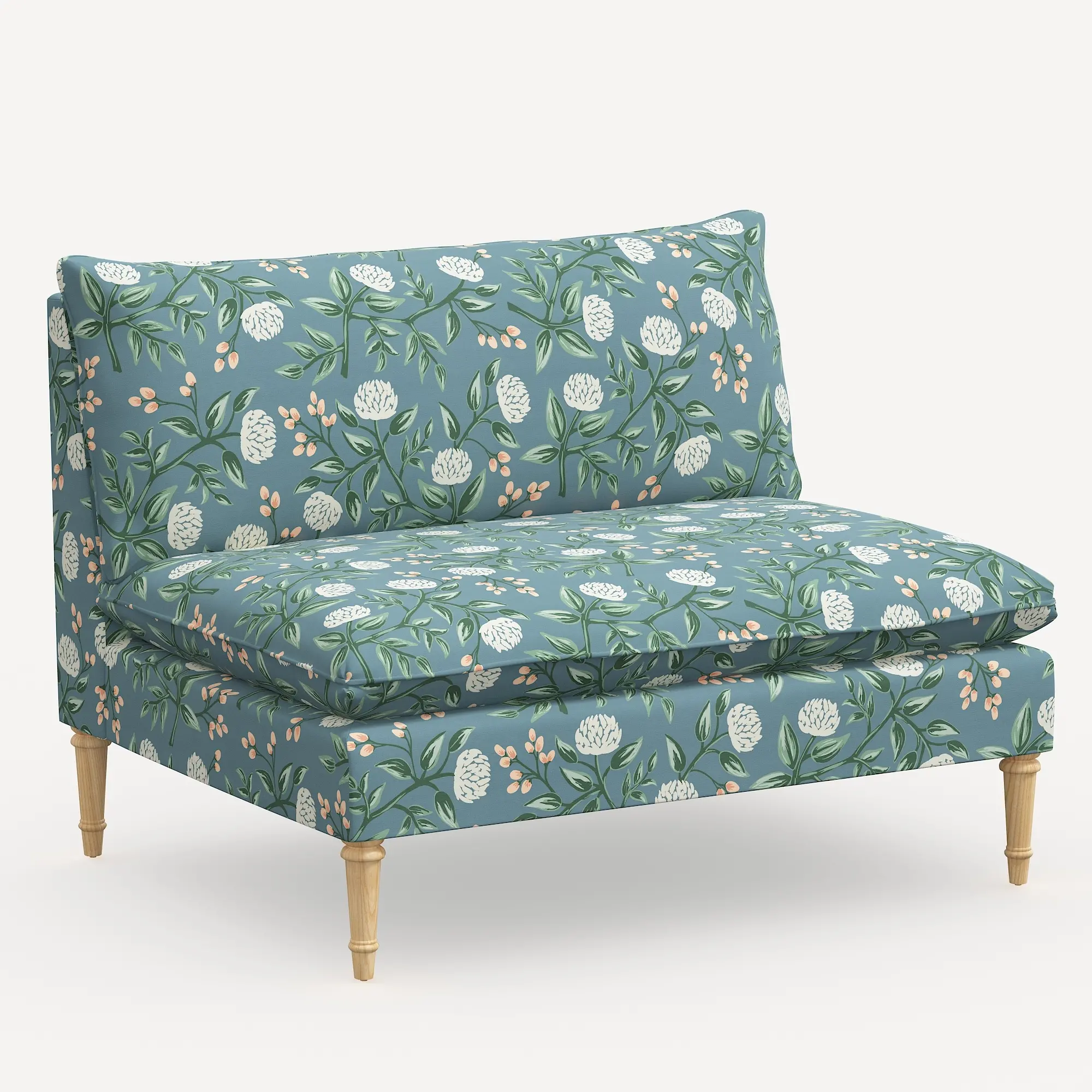3206NATRPCPNEMRLCB Rifle Paper Co. Louie Emerald Peonies Armless Loveseat-1