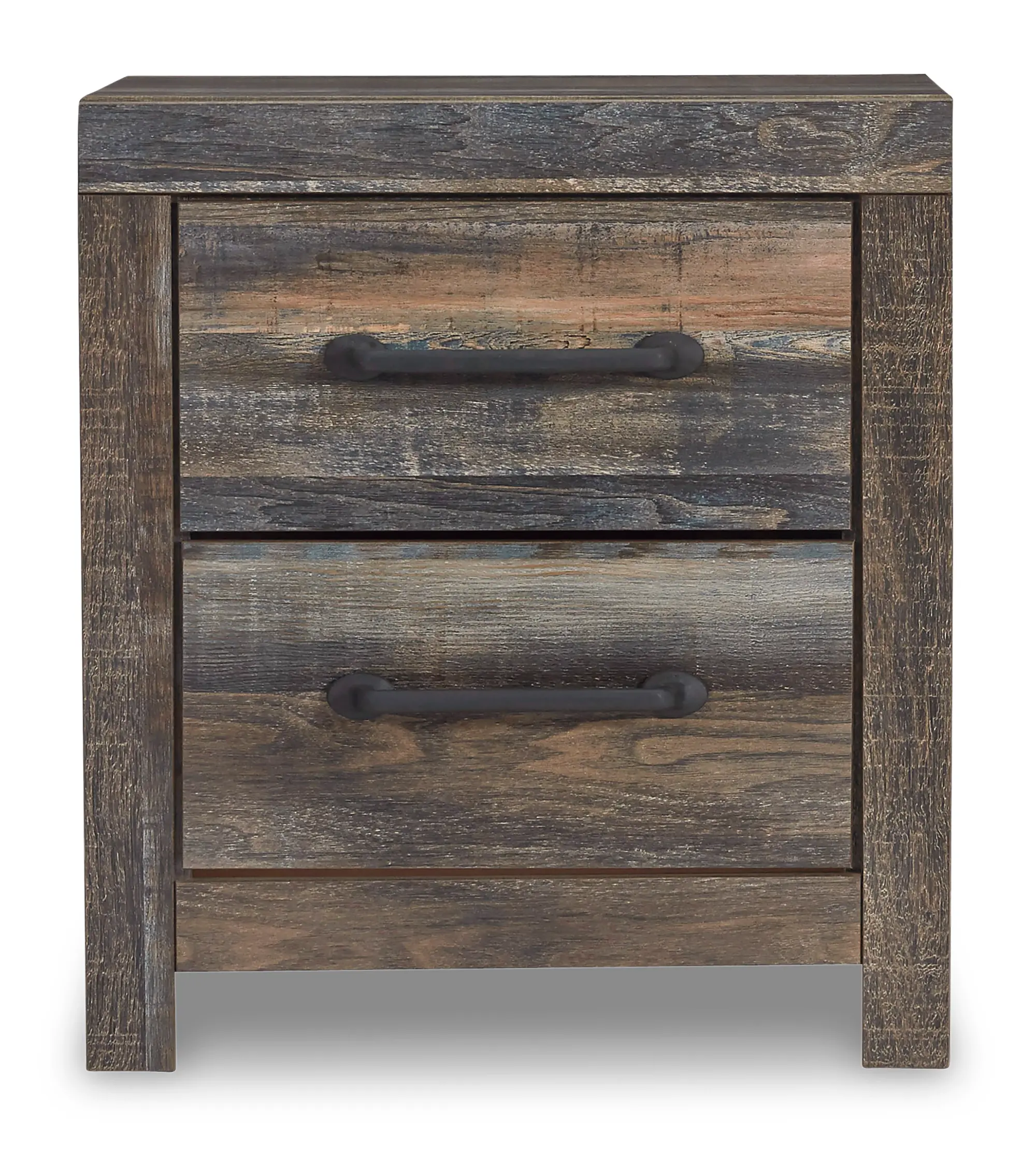 Rustic wooden nightstand with two drawers and black metal handles, placed in a bedroom setting with a lamp and plants on top