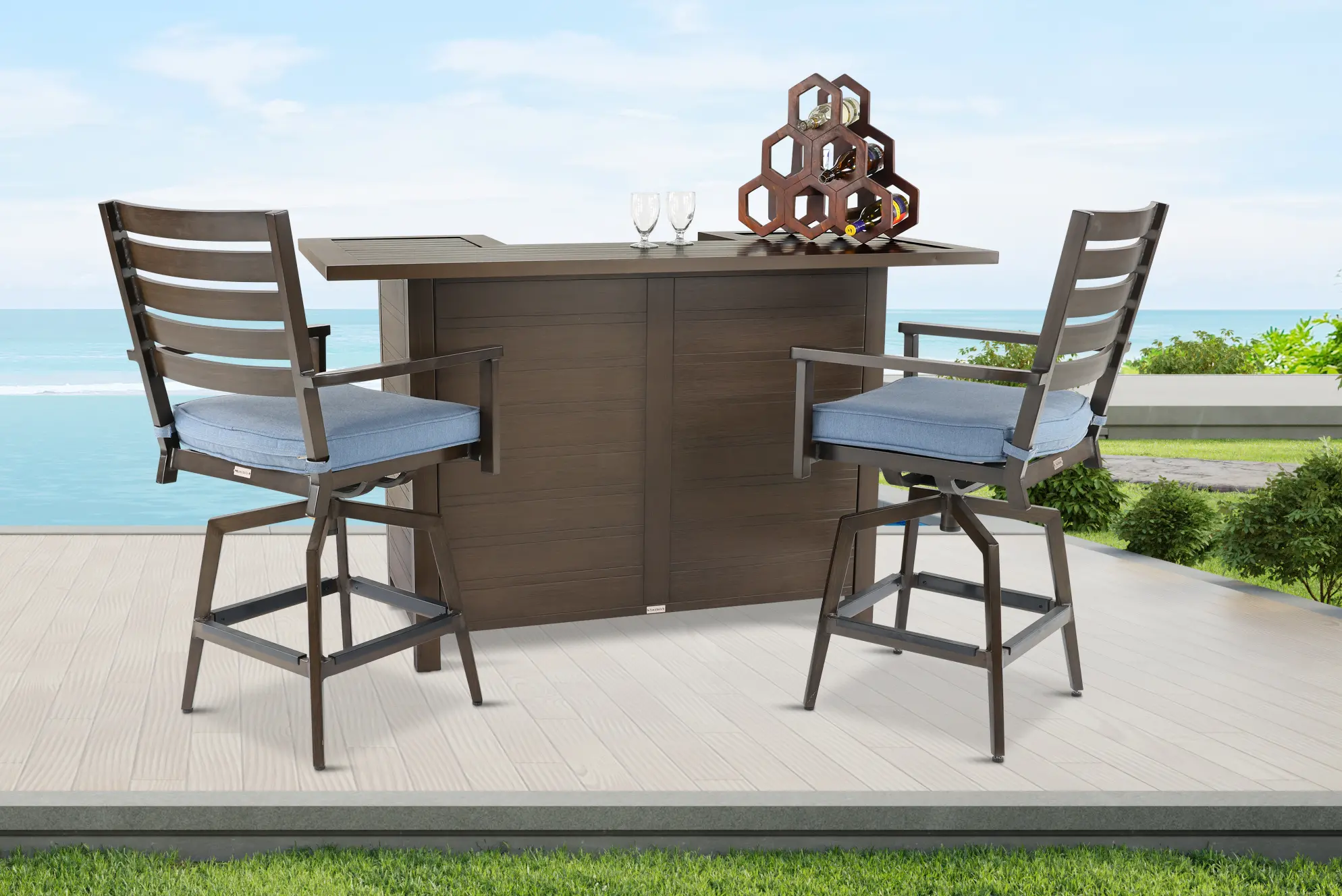 Adeline 3 Piece Blue Bar and Swivel Stool Patio Set-2