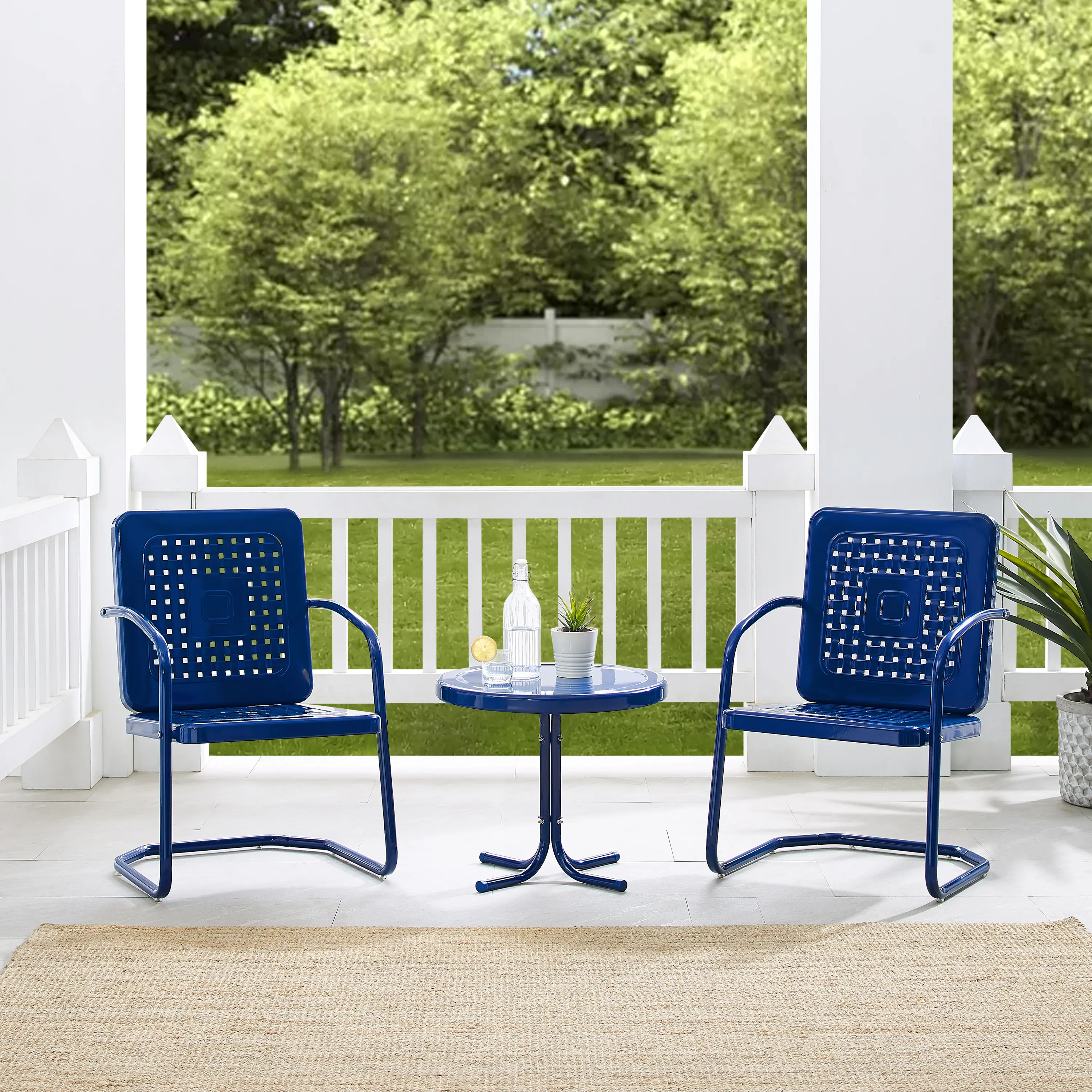 KO10019NV Bates 3 Piece Navy Gloss Metal Patio Bistro Set-2