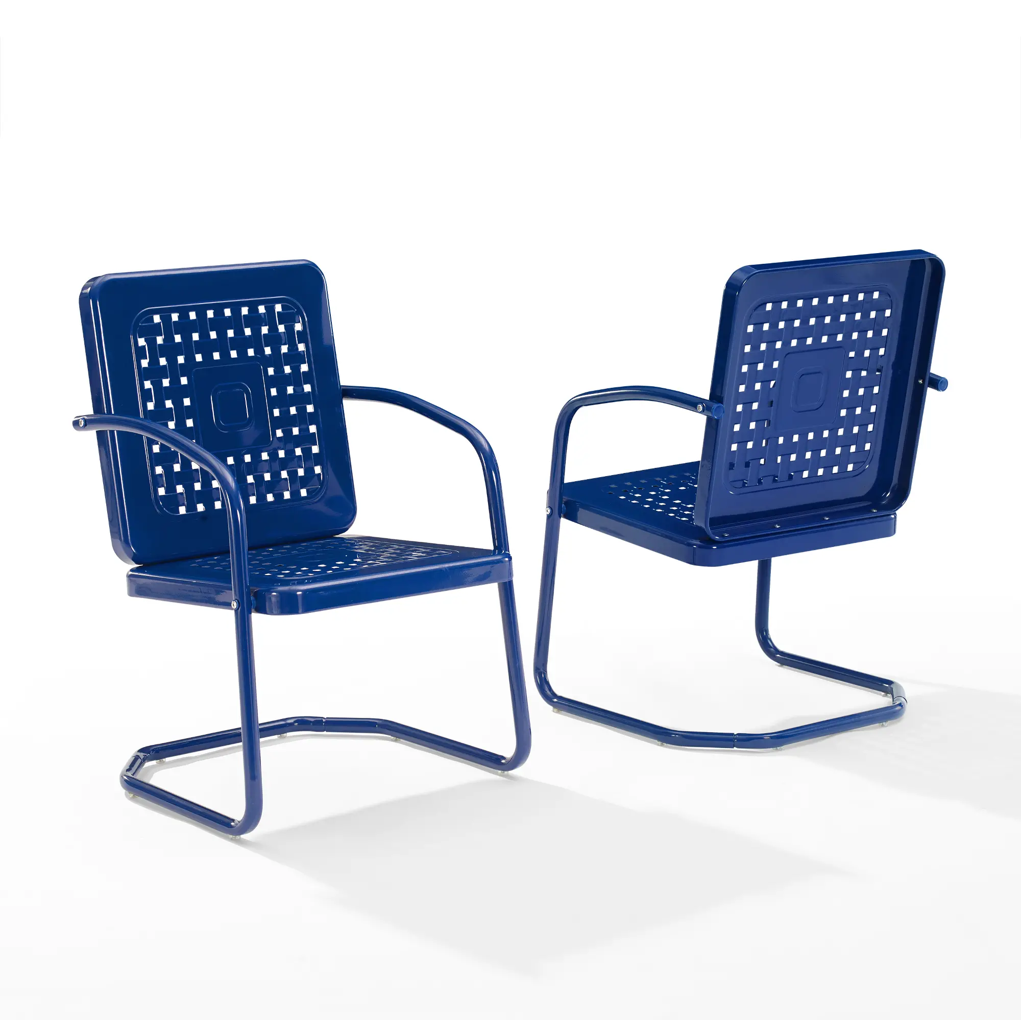 Close-up of the blue perforated chair back with square perforations and glossy finish