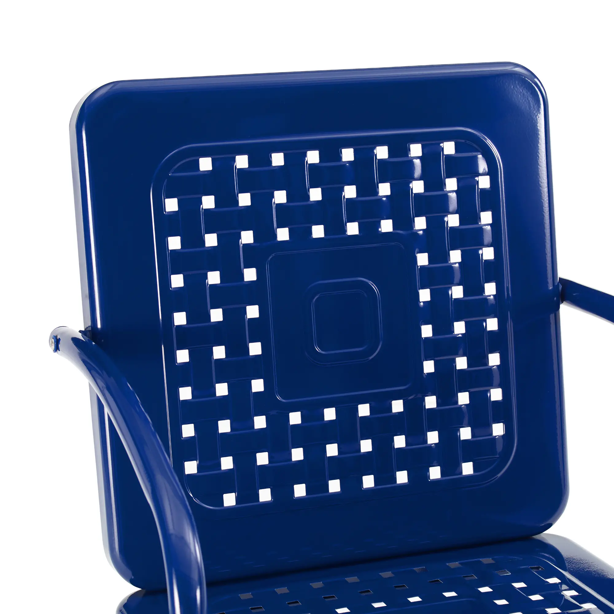Close-up of the blue perforated chair seat showing the grid pattern and glossy finish